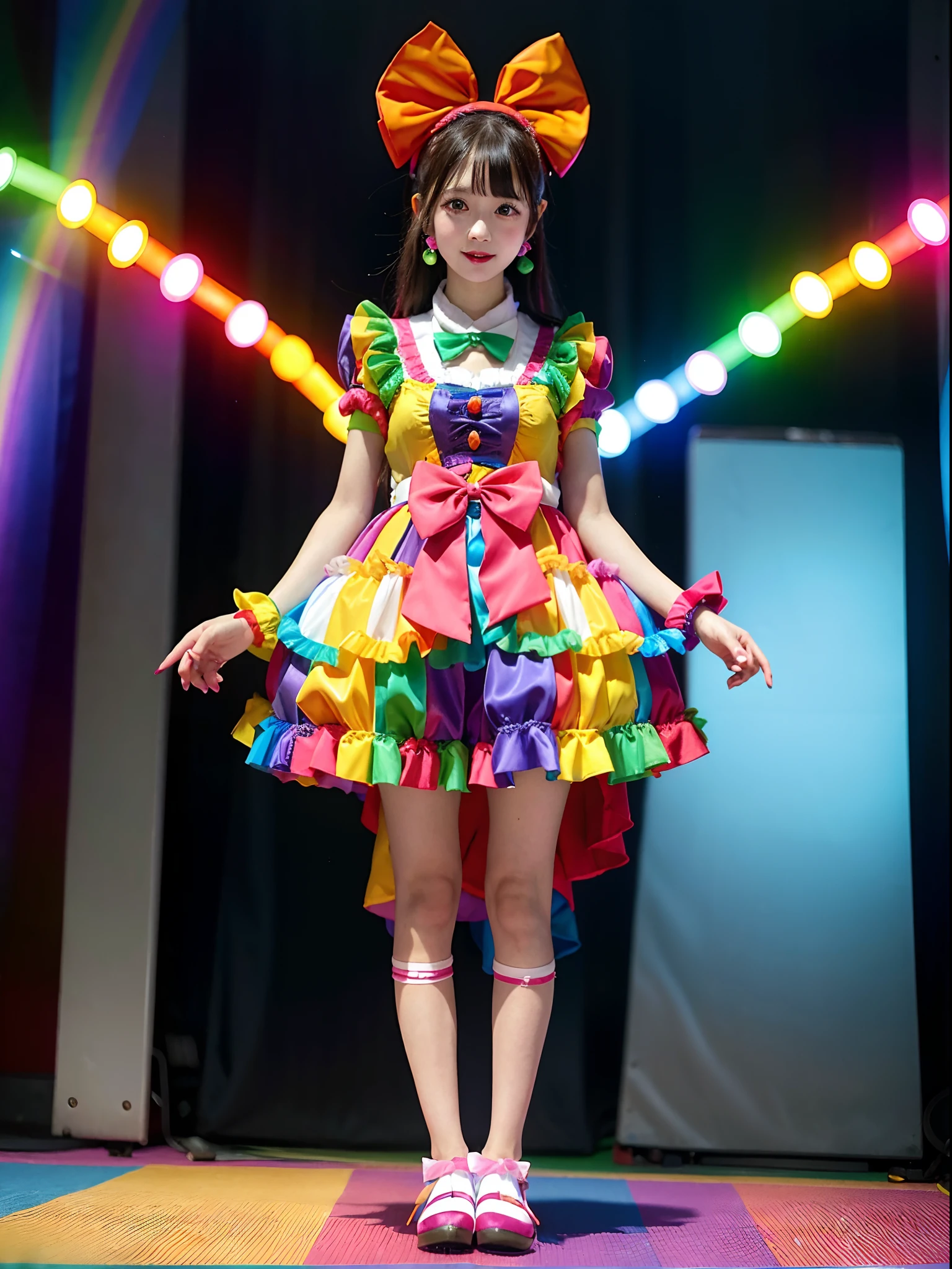 slim figure, femele, Pink idol costume, frilld, Ren Hao, bow ribbon, Katyusha, concert, stage, dance, realisitic, masutepiece, bangss, Junior High School, A dark-haired, stright long hair,ssmile, beautidful eyes, spot light,