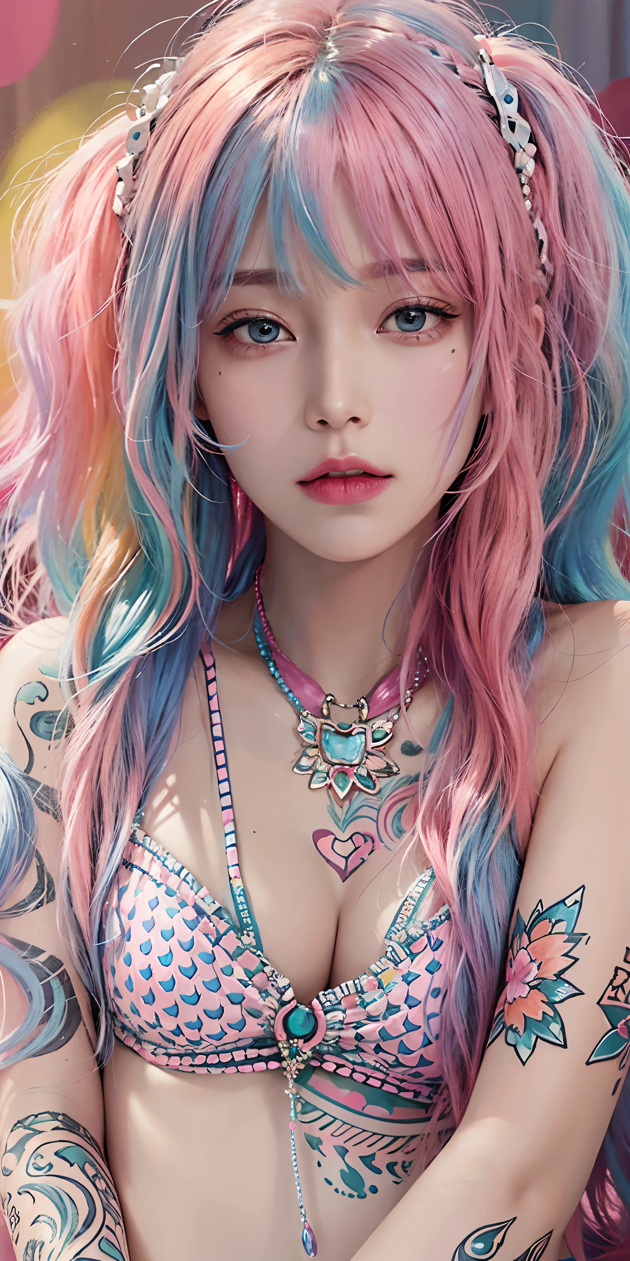 photorealistic, high resolution, soft light,1women, solo, hips up, shining skin, (detailed face),tattoo, jewelry, (rainbow color Hair,colorful hair,half blue and half pink hair:1.2), micro bikini