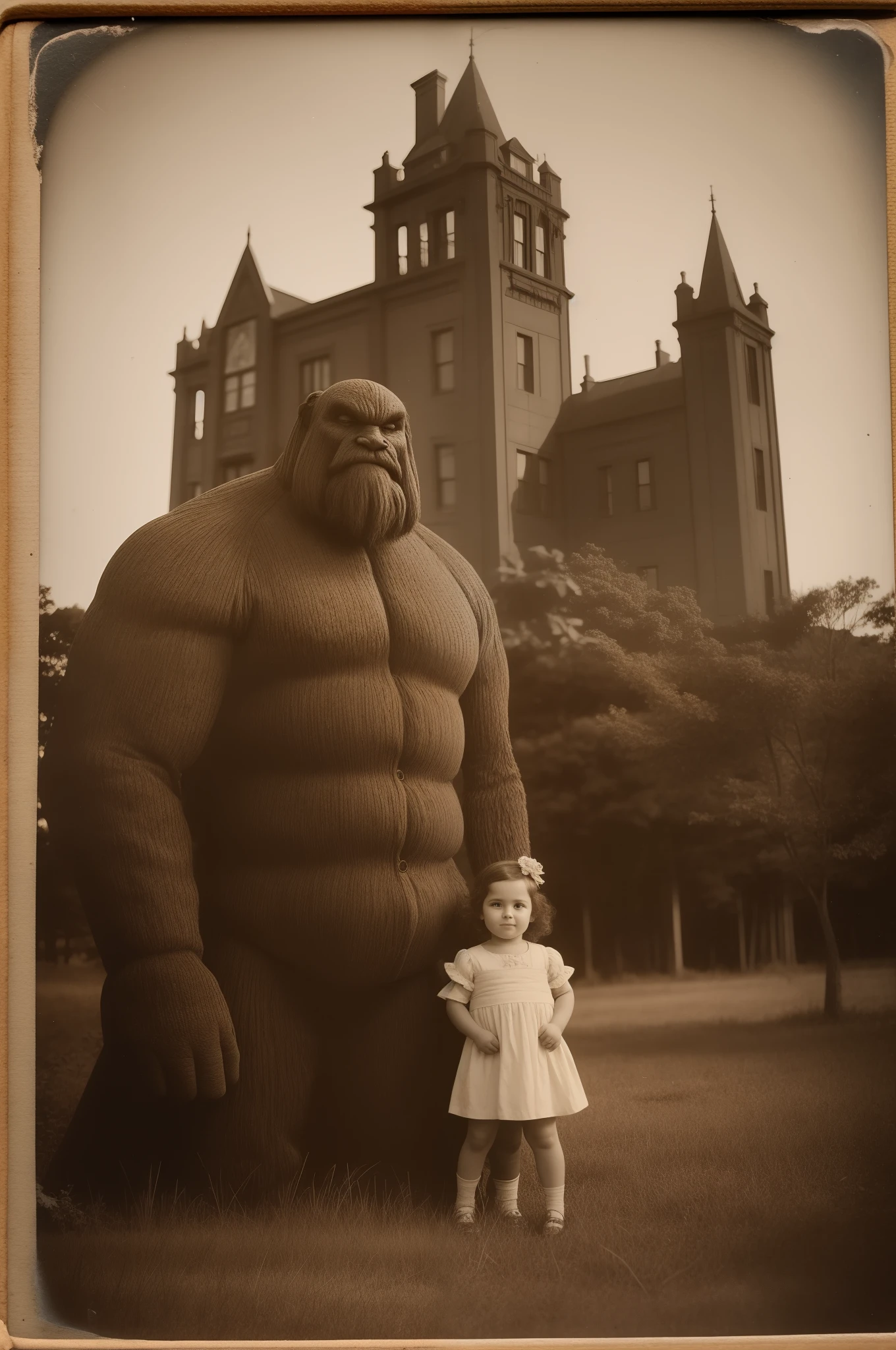 giant monsters in the background of old school family photos, sepia toned images, old Daguerreotypes styled