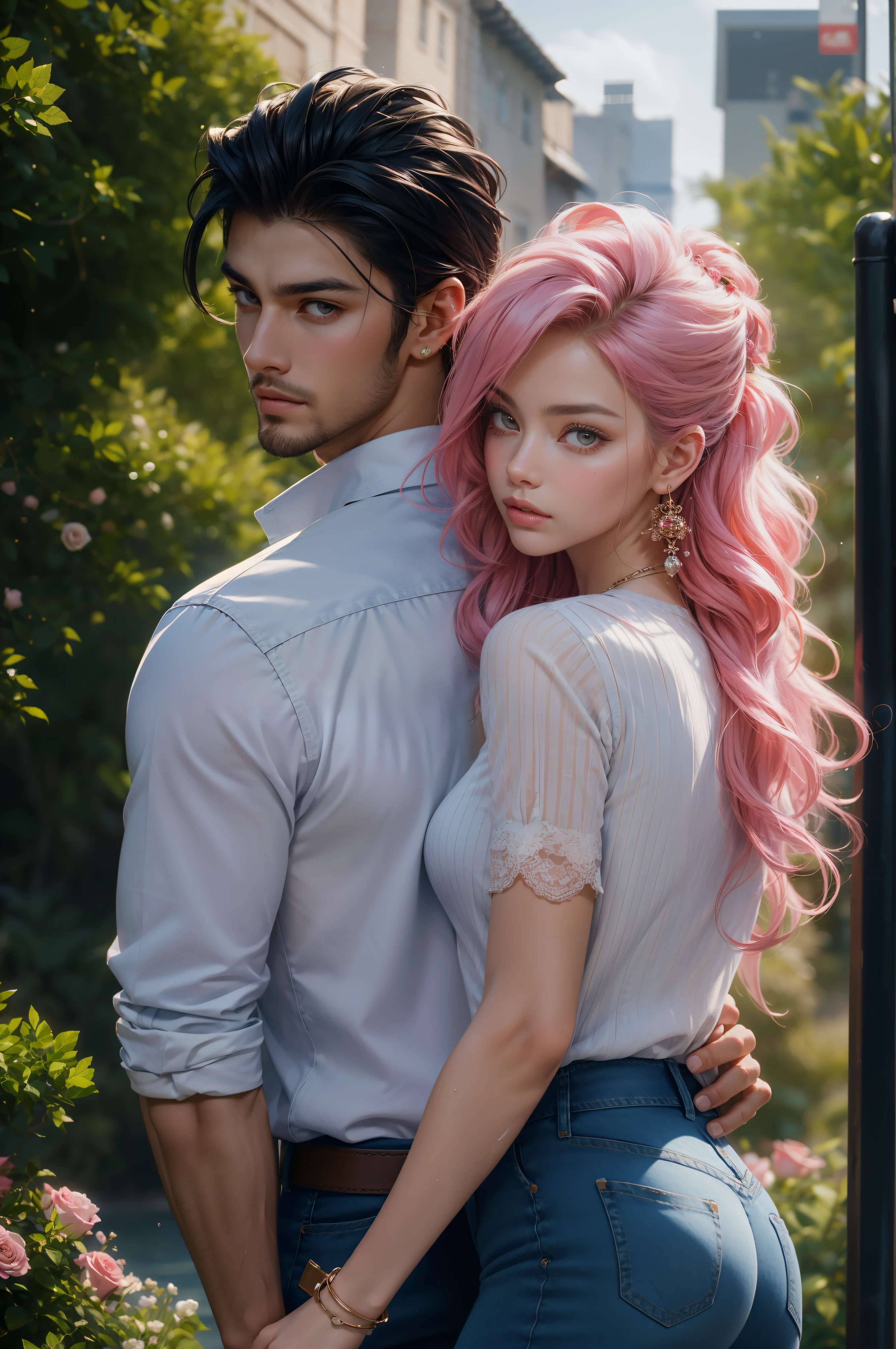 (absurdres, highres, ultra detailed), 1 male,1 female , couples, beautiful,handsome, tall muscular guy, mature, verious red and pink roses around him, jewellery, A man standing on back comfortably in the roses, from directly above, (white shirt, jeans), gorgeous, wet, model pose, colorful, artistic, depth of field, focus on his calm facial features, elegant look