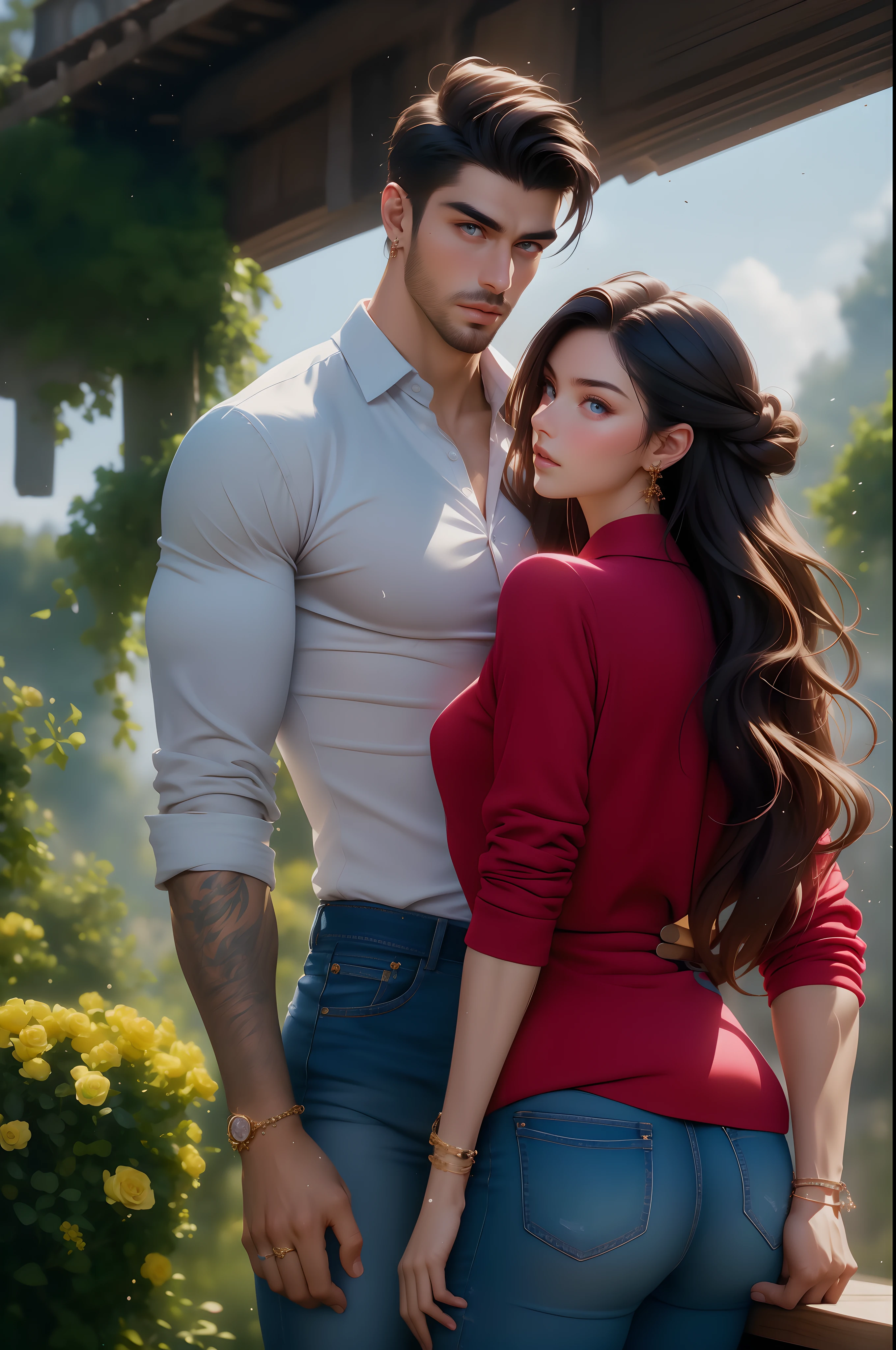 (absurdres, highres, ultra detailed), 1 male,1 female , couples, beautiful,handsome, tall muscular guy, mature, verious red and pink roses around him, jewellery, A man standing on back comfortably in the roses, from directly above, (white shirt, jeans), gorgeous, wet, model pose, colorful, artistic, depth of field, focus on his calm facial features, elegant look