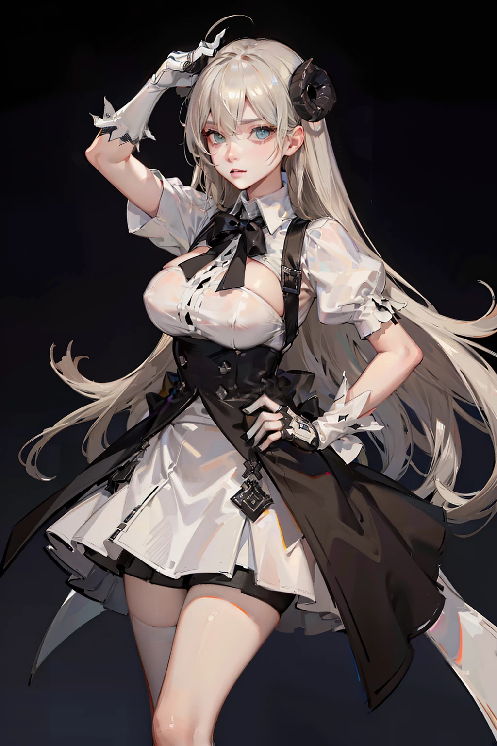 ((masterpiece, best quality)), (1girl), (solo), (female focus), (ahoge, ash blonde hair, long hair), green eyes, ((white shirt), (buttoned shirt)), ((black skirt), (short skirt)), standing, white background, arms behind back, (bat wings on the waist), (sheep horns), sad eyes, cold facial expression, cold look, pale skin, colour grading, dark illustration, extreme quality, radiant, extremely detailed, ultra-detailed face, ultra hd 8k, ultra digitality, mythical, dark lightning, sleepy eyes, detailed hands, fine details, ash blonde haired deity, grey-haired, girl with ash blonde hair, nier:automata inspired, nier : automata inspired, girls frontline cg, grey haired, ash blonde hair girl, perfect grey haired girl