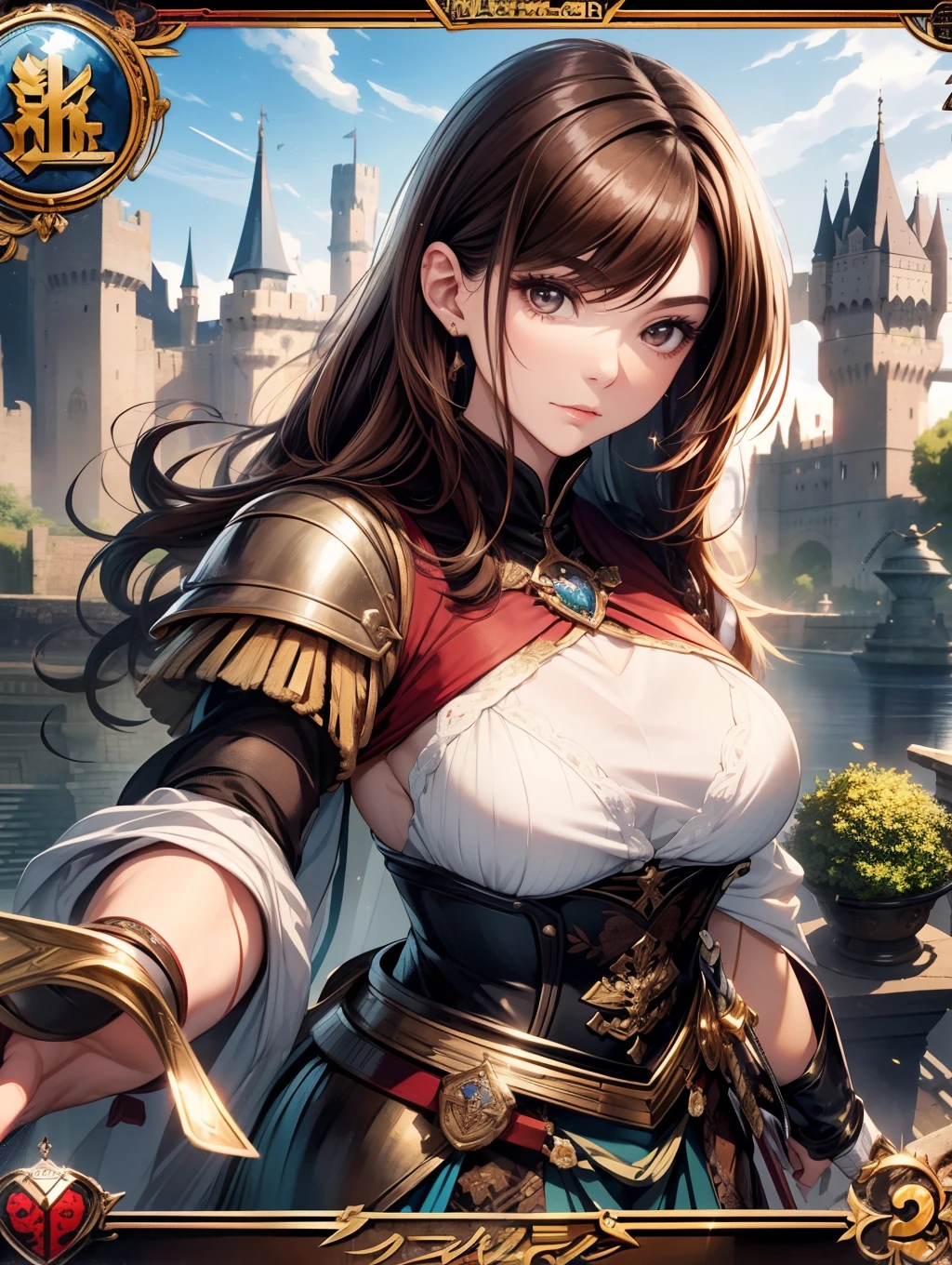 Best Quality, masutepiece, beautiful mature women、Beautiful face、Strong-minded woman、swordsmen、brown haired、Brown-eyed、Longhaire、Undersized eyes、(((holding swords)))、(((Western castles)))、Full body like、Trading Card Style