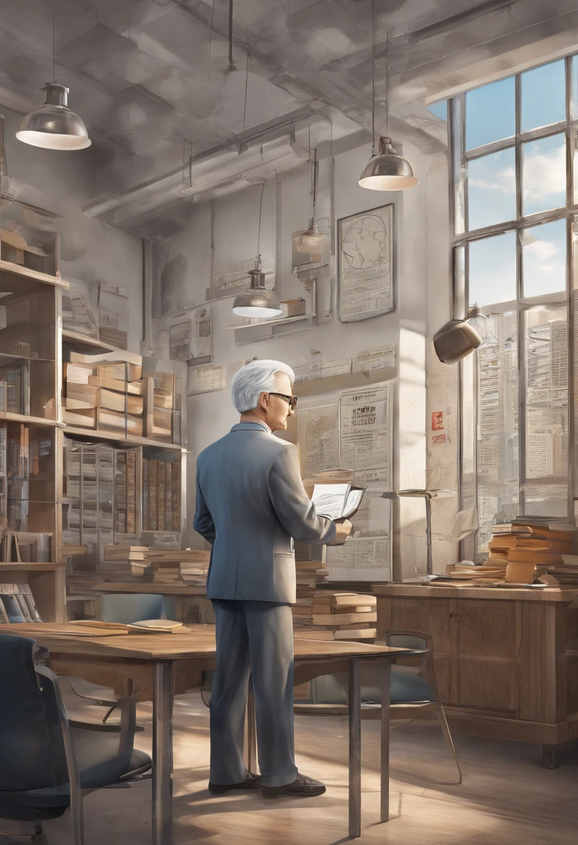 In the classroom,The teacher is lecturing the students,Gray-haired old teacher,Asian people,wears glasses,closeup cleavage,sharp focus on eyes,8K,super-fine,oil painted,Hyper-realistic,best qualtiy