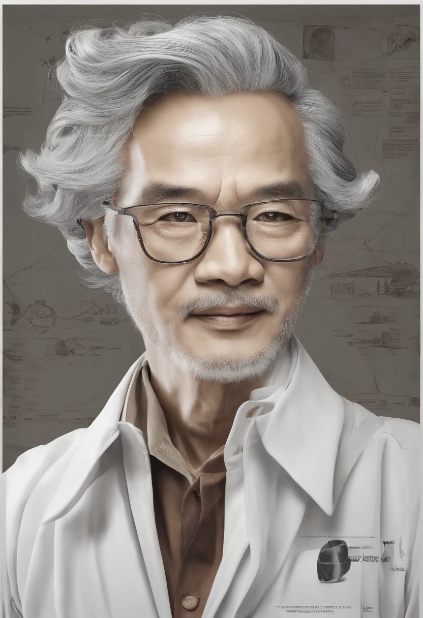 In the classroom，The teacher is lecturing the students，Gray-haired old teacher，Asian people，wears glasses，closeup cleavage，sharp focus on eyes，8K，super-fine，oil painted，Hyper-realistic，best qualtiy
