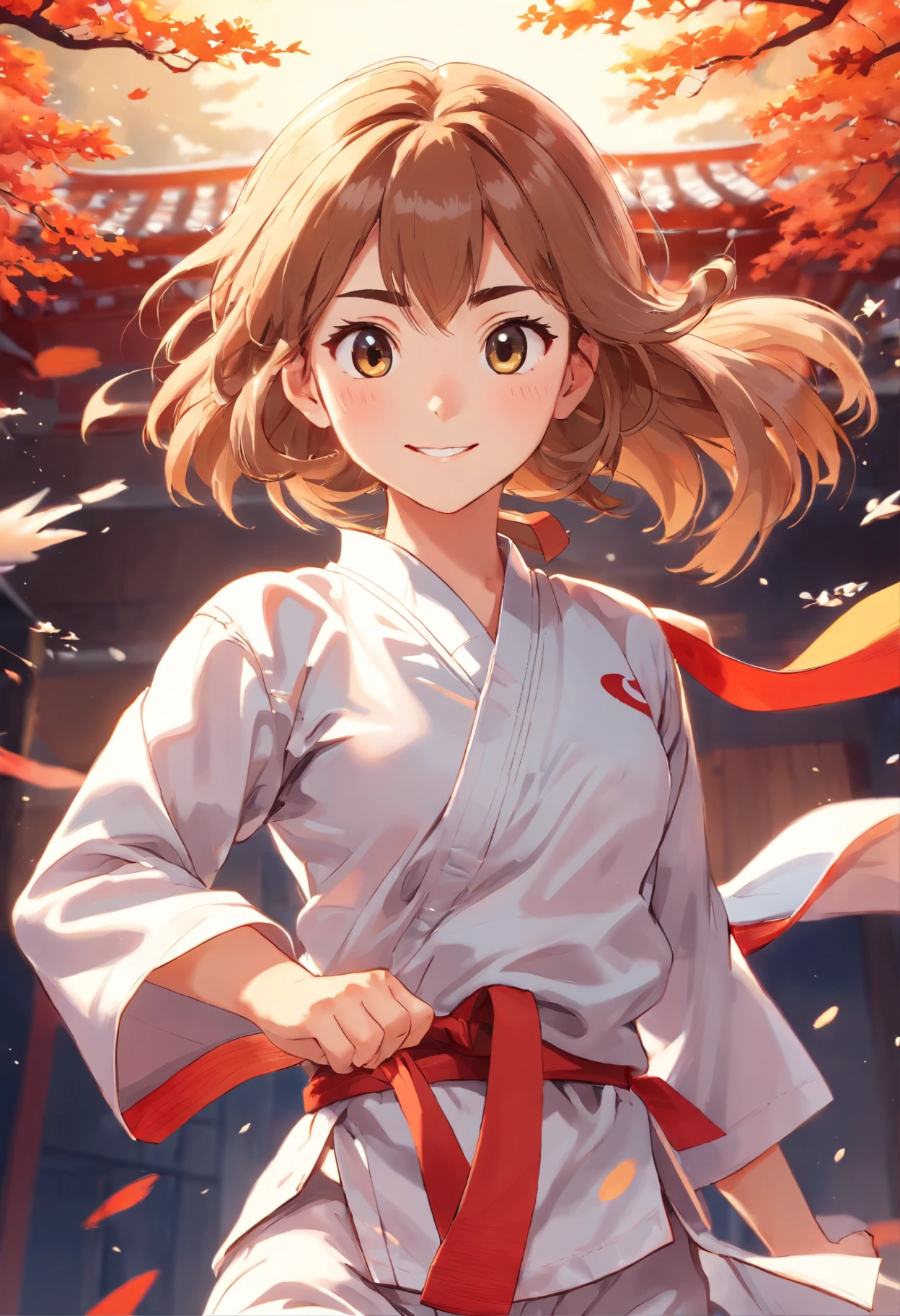 colorful animation stills, Honest portrayal, Whole body(masterpiece:1.3), (8K, hight resolution, a picture, Top image quality: 1.4), (1girl in), ligh brown hair, waved hair, attractive beautiful face, (A smile: 1.15), 13years, Whole body, bare-legged(White Karate Uniform:1.4), Attractive body with soft curvaceous beauty, Bold sexy poses, perfect anatomia, TOKYOcty