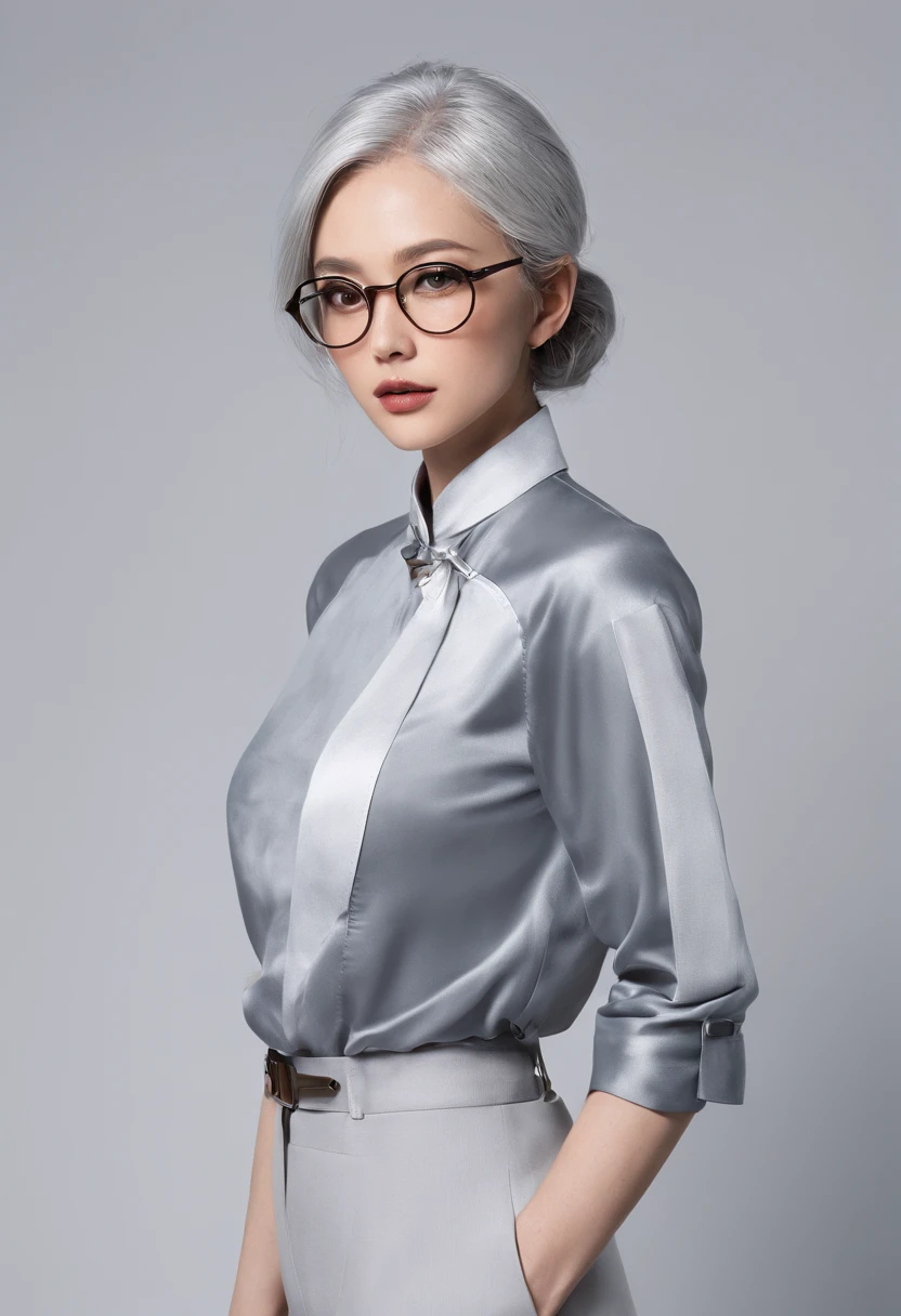 In the classroom,The teacher is lecturing the students,Gray-haired old teacher,Asian people,wears glasses,closeup cleavage,sharp focus on eyes,8K,super-fine,oil painted,Hyper-realistic,best qualtiy