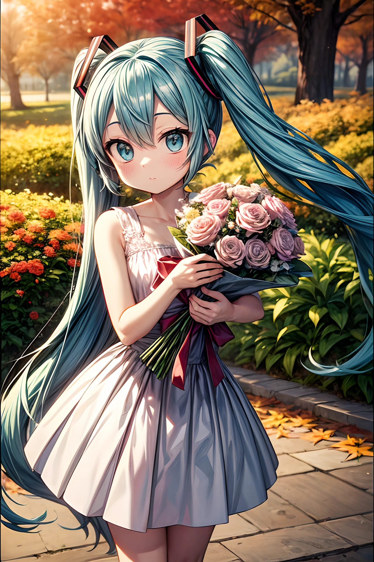 DVD screengrab from studio ghibli movie, hatsune miku, designed by Hayao Miyazaki, retro anime, holding bouquet of flowers, in autumn park