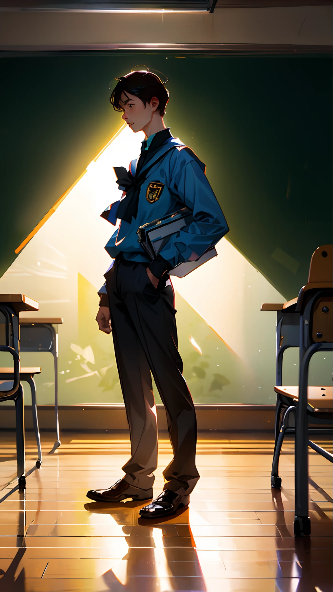 In the classroom,Boy in blue school uniform,Gather in a circle,A man stands in the middle