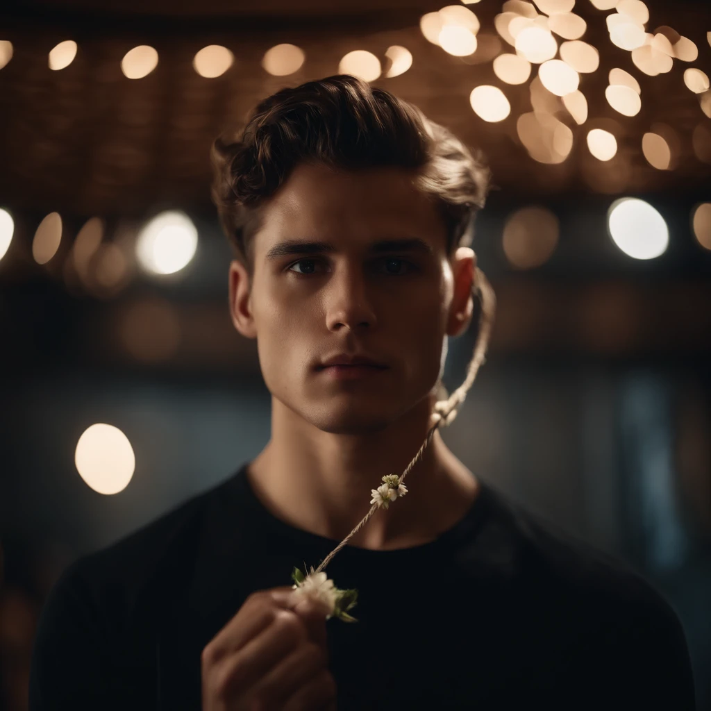 The young man, beautiful flower is ((tightly bound)) by a ((string)), the eerie, seductive, and sultry atmosphere