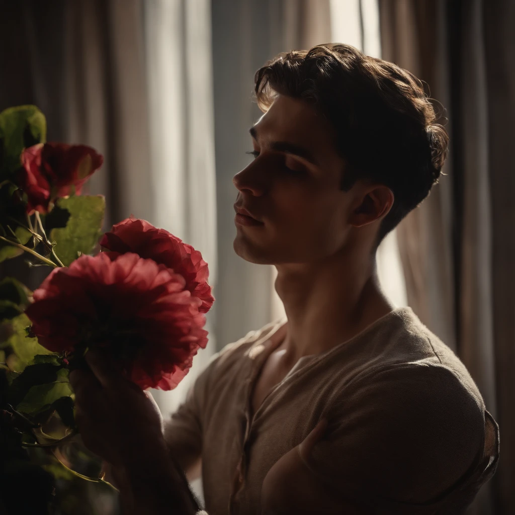 The young man, beautiful flower is ((tightly bound)) by a ((string)), the eerie, seductive, and sultry atmosphere