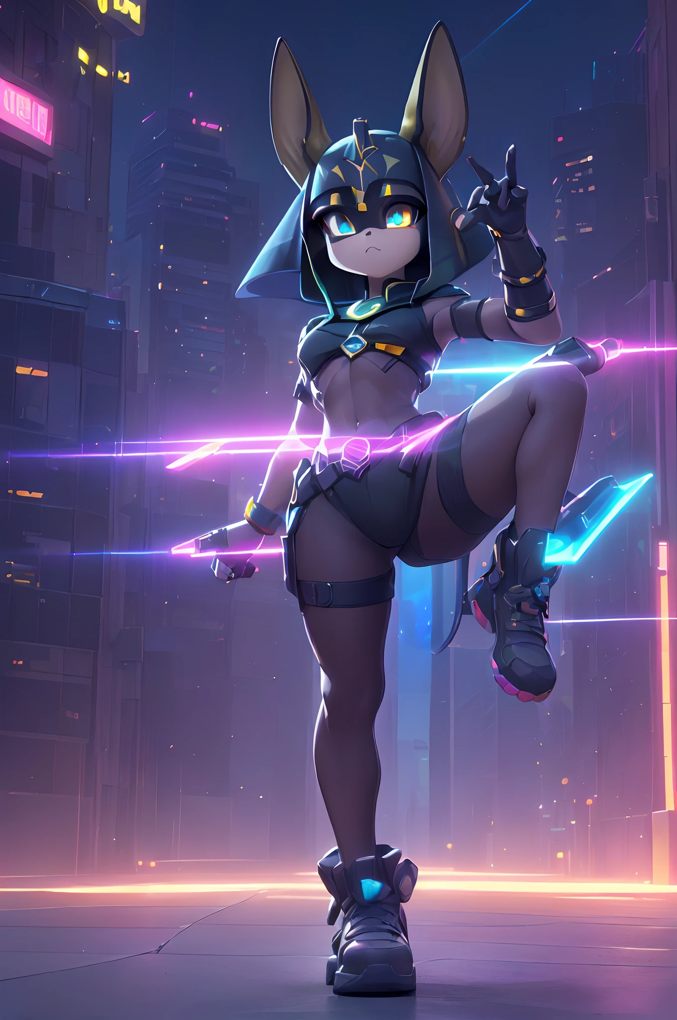 (Dynamic Angle:1.4), ((Full body posing:1.5), (Colorful:1.2), (Highly detailed CG Unity 16K wallpaper:1.1), (Denoising strength: 1.45), (tmasterpiece:1.37), ((Official art)), of the highest quality, (Realistic), Deformed Character, (Short-cut hair:1.2),(Anubis Costume:1.5),Black hair,Glowing eyes,(blue eyess:1.2),((Poses in motion:1.4)),((Anubis Costume:1.3)),wires, (LED:1.3), (a hologram:1.2), futuristic city street, Neon light, Skyscrapers, (Night:1.2), (Rainbow Model:1.2), 8K resolution, (Anime style:1.3), Cinematic lighting, chromatic abberation, spark of light, Ray tracing, blending, ultra wide-angle,  Hasselblad, (masutepiece), (masutepiece), ((Best Quality)), ((masutepiece)), nffsw