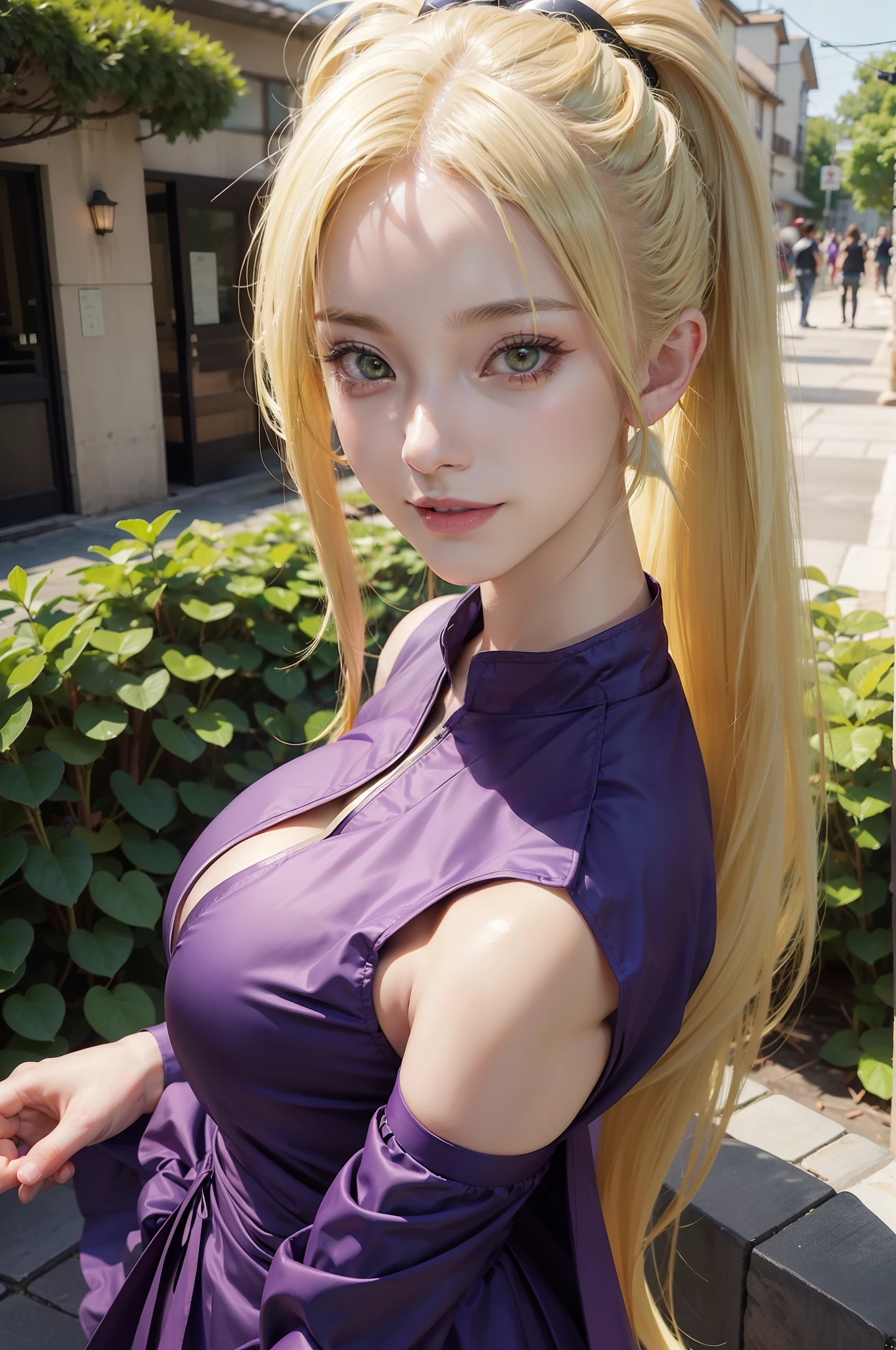 1girl, yamanaka ino in anime naruto, long hair, yellow hair, green eyes, smile, beautiful, sexy dress, sexy clothes, purple clothes, very big breast, realistic clothes, detail clothes, outdoor background, ultra detail, realistic