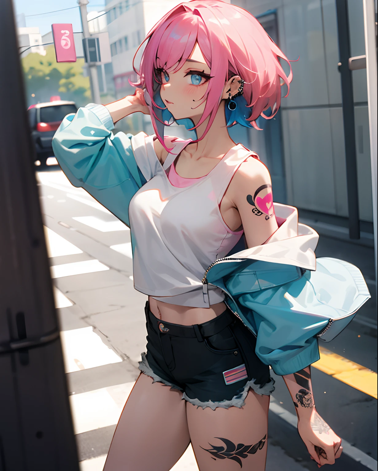 Woman, pink hair with blue streaks, tattoo, tattoo, piercings, off-shoulder hoodie, white tank top, street, shorts, Anime