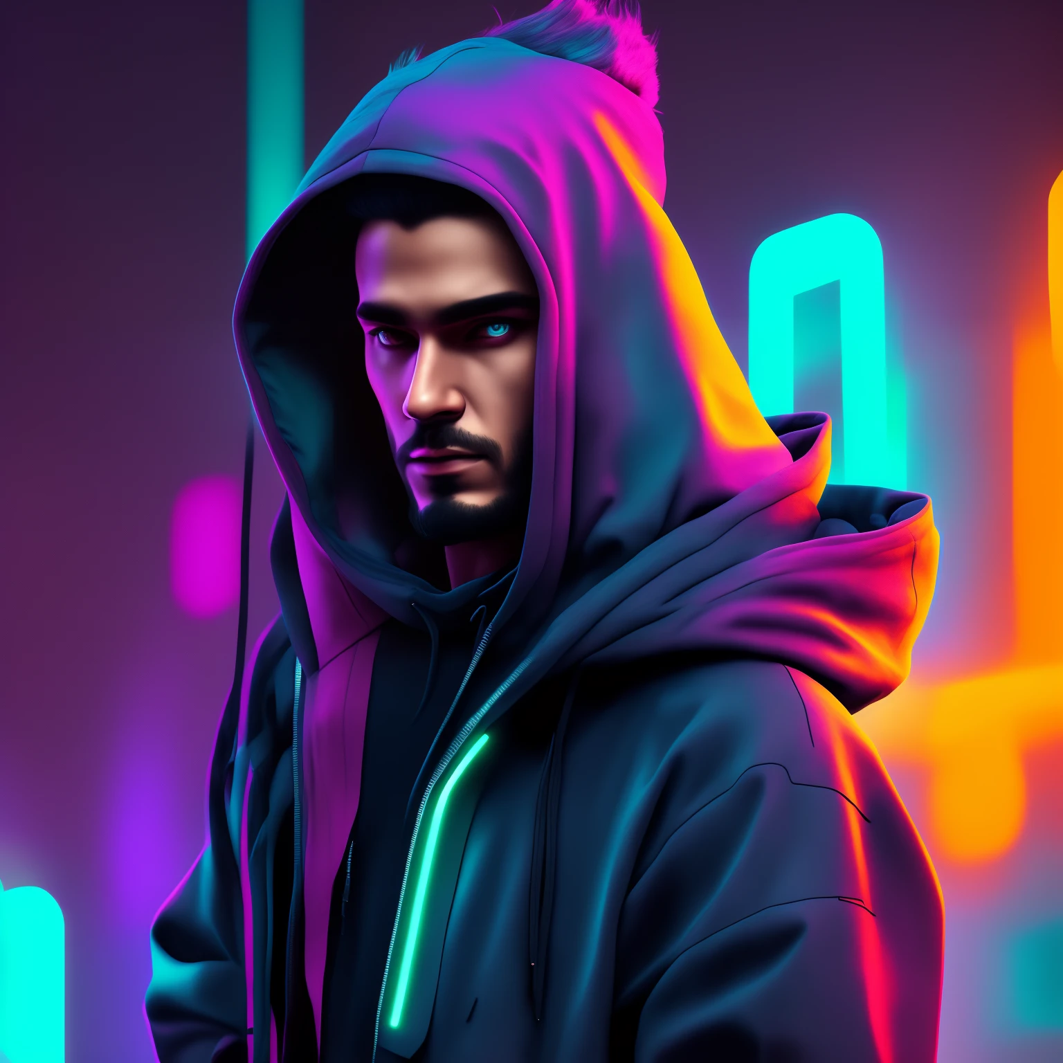 Man, hair tied, hooded coat, cyberpunk style portrait, futuristic (neon: 1.1) reflective wear, science fiction. artgern, art, illustration, ((dark environment)), ((vegnette)), ((HDR)) ((minimal palette colors)), soft tones, soft colors, faint colors, calm, highly detailed pastel colors, intricate details