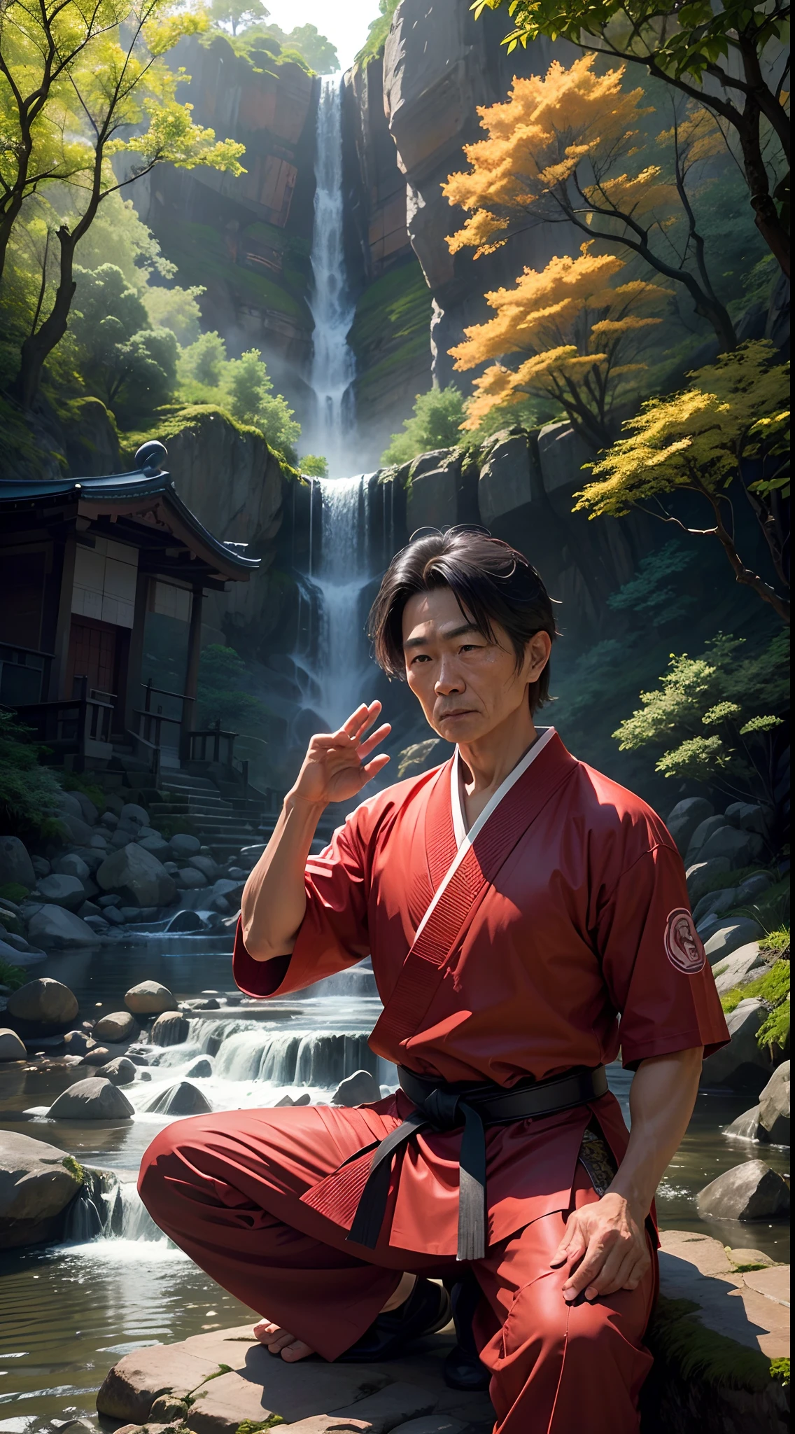 A 60 years old Japanese martial art Sensei (teacher) tech the studends new karate's tricks, in the old temple where small waterfall river, beautiful red trees, peacefull environment, birds are sit on the tree, highly detailed texture, 8K UHD, shoot with Sony alpha a7.