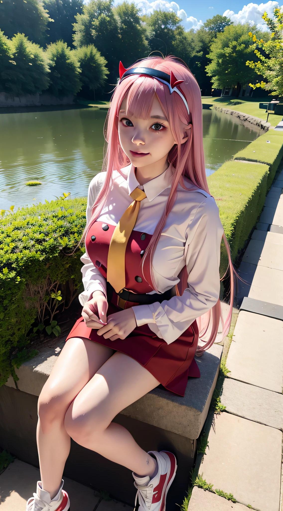 zero two from the anime darling in the franxx, woman, beautiful woman, perfect body, perfect breasts, very beautiful, long hair, pink hair, wearing a red uniform, yellow tie, black pants, white shoes, blue eyes, red spots wearing a headband red-horned, smiling, looking at the audience, standing, realism, masterpiece, textured leather, super detailed, high detail, high quality, best quality, 1080p, 16k