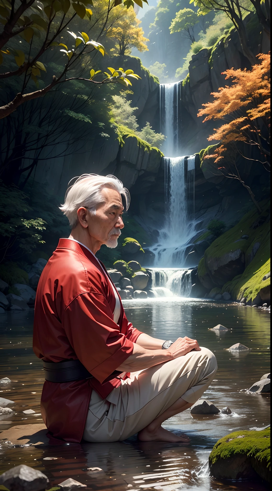 A 60 years old Japanese martial art Sensei (teacher) tech the studends new karate's tricks, in the old temple where small waterfall river, beautiful red trees, peacefull environment, birds are sit on the tree, highly detailed texture, 8K UHD, shoot with Sony alpha a7.