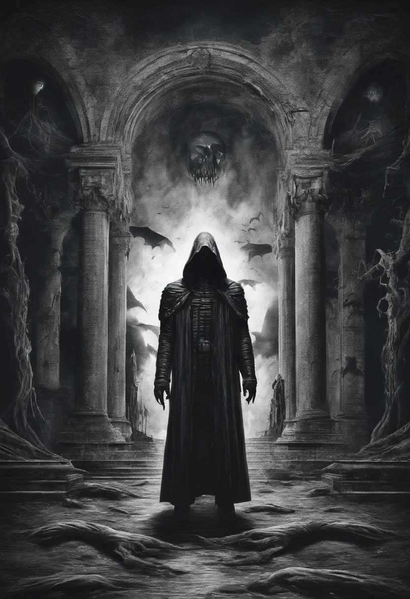 cinematic photo, apocalyptic gothic subterranean city, shattered, fractured, rebar, last pilgrimage of lost souls towards the end, limbo eternity, beyond death, condemnation, penitence, grotesque, surreal