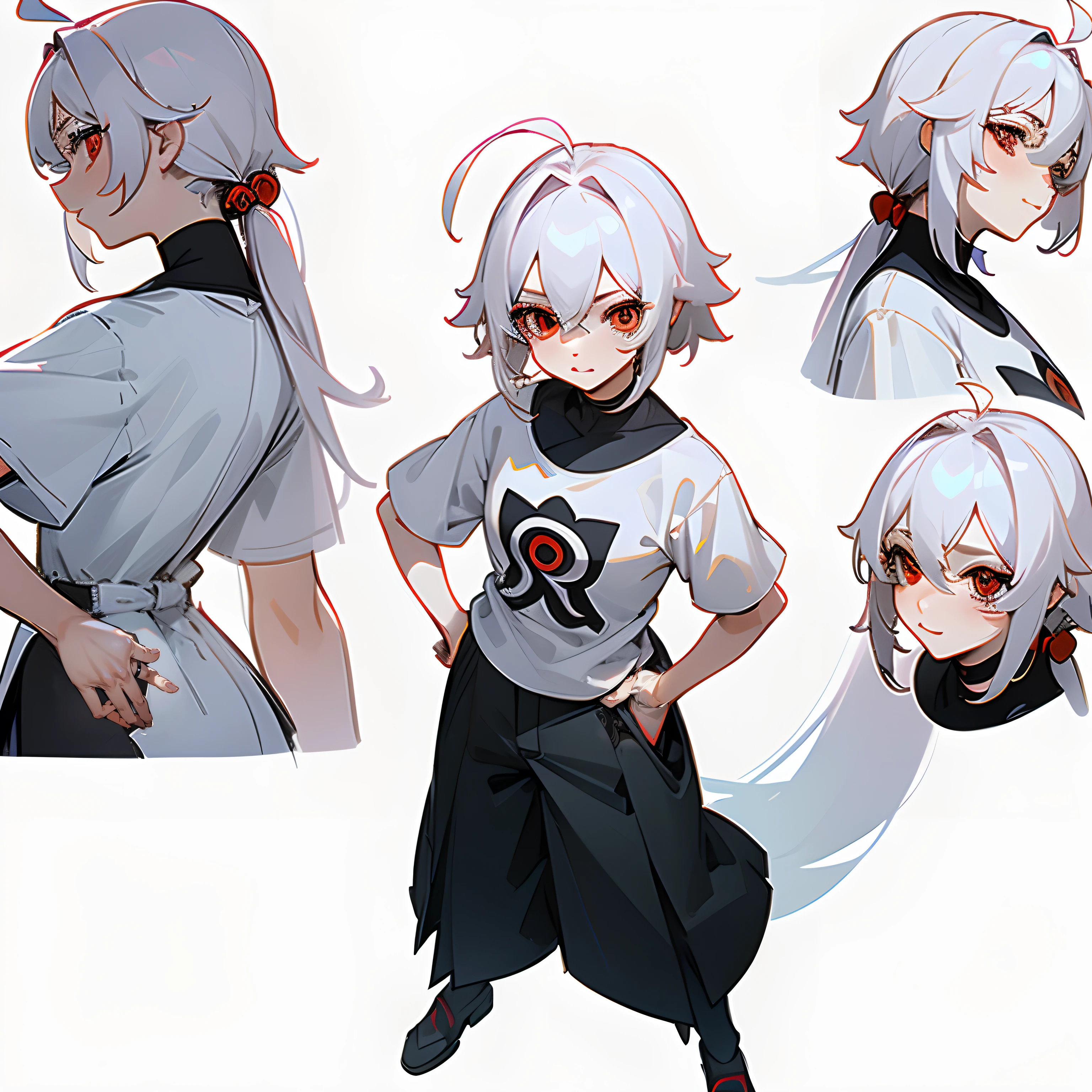 ((masterpiece)), ((high detail)), 1girl, ((ultra-detailed)),((delicate face)), Beautiful detailed eyes, gradient hair,hairs between eyes,1girl ,solo,white hair,red eyes,genshin_impact,white background,look at the viewer, standing,A seductive wide smiling face,((aggressive face)),((ahoge)), character design, The front of the character, The back of the character, the sides, there are 4 image panels, hands on hips, full body, Pekaloons trousers, white shoulder-length t-shirt,