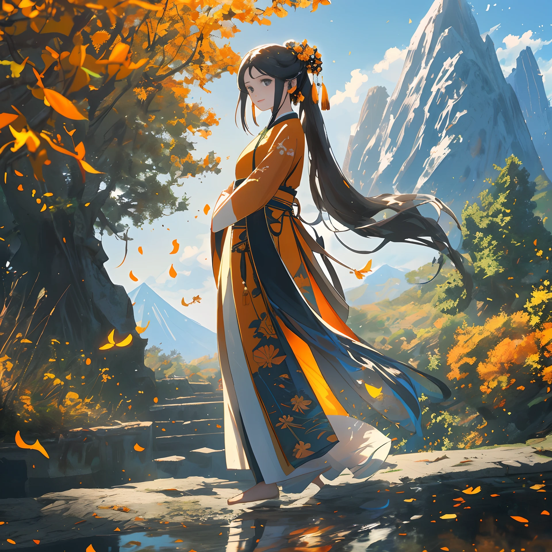 Faraway view,Vast sky,At the foot of the mountain,Orange trees, Hanfu, maxiskit, Dress conservatively 1girl, solo, cabelos preto e longos, ssmile, standing on your feet, Feet in the water, The barefoot,tmasterpiece,best qualtiy,(Very detailed CG unity 8k wallpaper)(best qualtiy),(Most Best Illustration),(best shadow)Nature',foot of the mountain,Delicate leaves of various colors fall in air light tracking,ultra-detailliert --v6