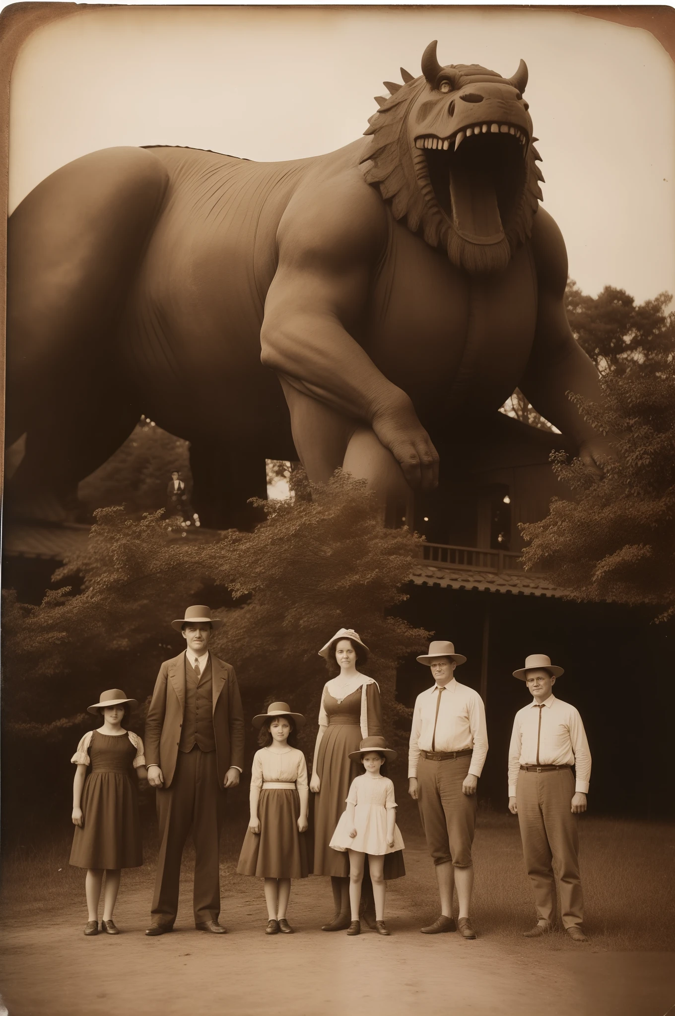 giant monsters in the background of old school family photos, sepia toned images, old Daguerreotypes styled