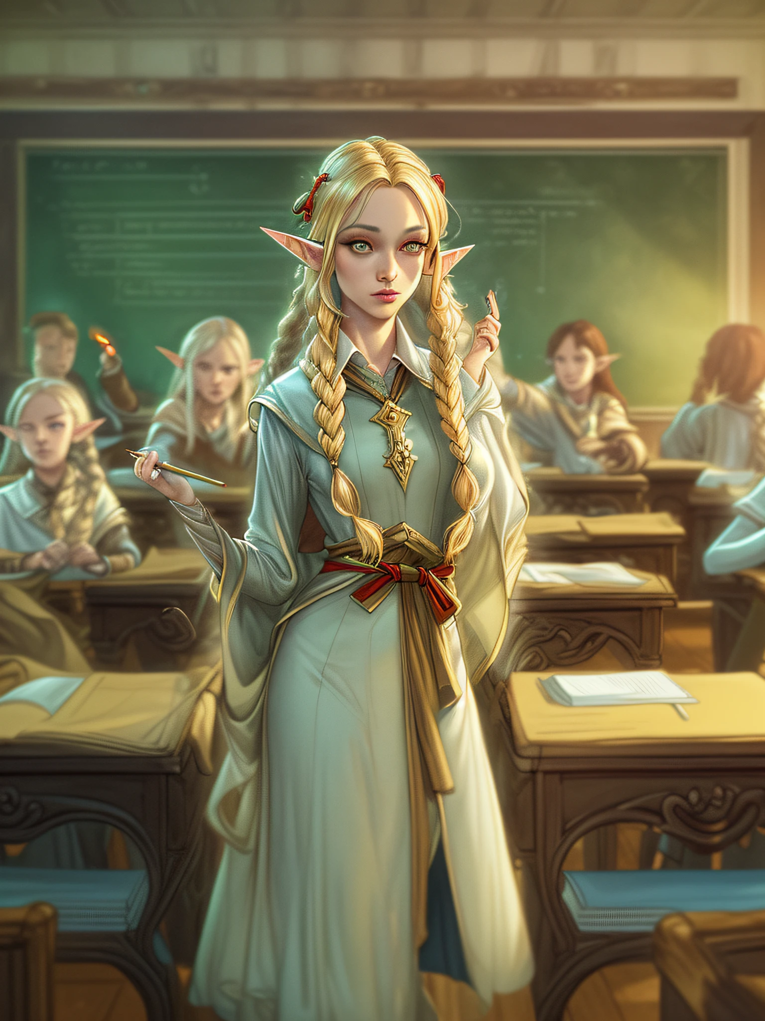 high details, best quality, 16k, [ultra detailed], masterpiece, best quality, (extremely detailed), ultra wide shot, photorealistic, a picture of an elf magical teacher (best details, Masterpiece, best quality: 1.5), teaching magical arts, manipulating red fire at fantasy classroom, a female elf, exquisite beauty (best details, Masterpiece, best quality: 1.5), ultra feminine (best details, Masterpiece, best quality: 1.5), full body (best details, Masterpiece, best quality: 1.5) golden hair, hair in a long braid, small pointed ears, dynamic eyes color, wearing a teachers robe, standing in the classroom (best details, Masterpiece, best quality: 1.5), fantasy class background, best realistic, best details, best quality, 16k, [ultra detailed], masterpiece, best quality, (extremely detailed), ultra wide shot, photorealism, room is lit with bright light, depth of field,