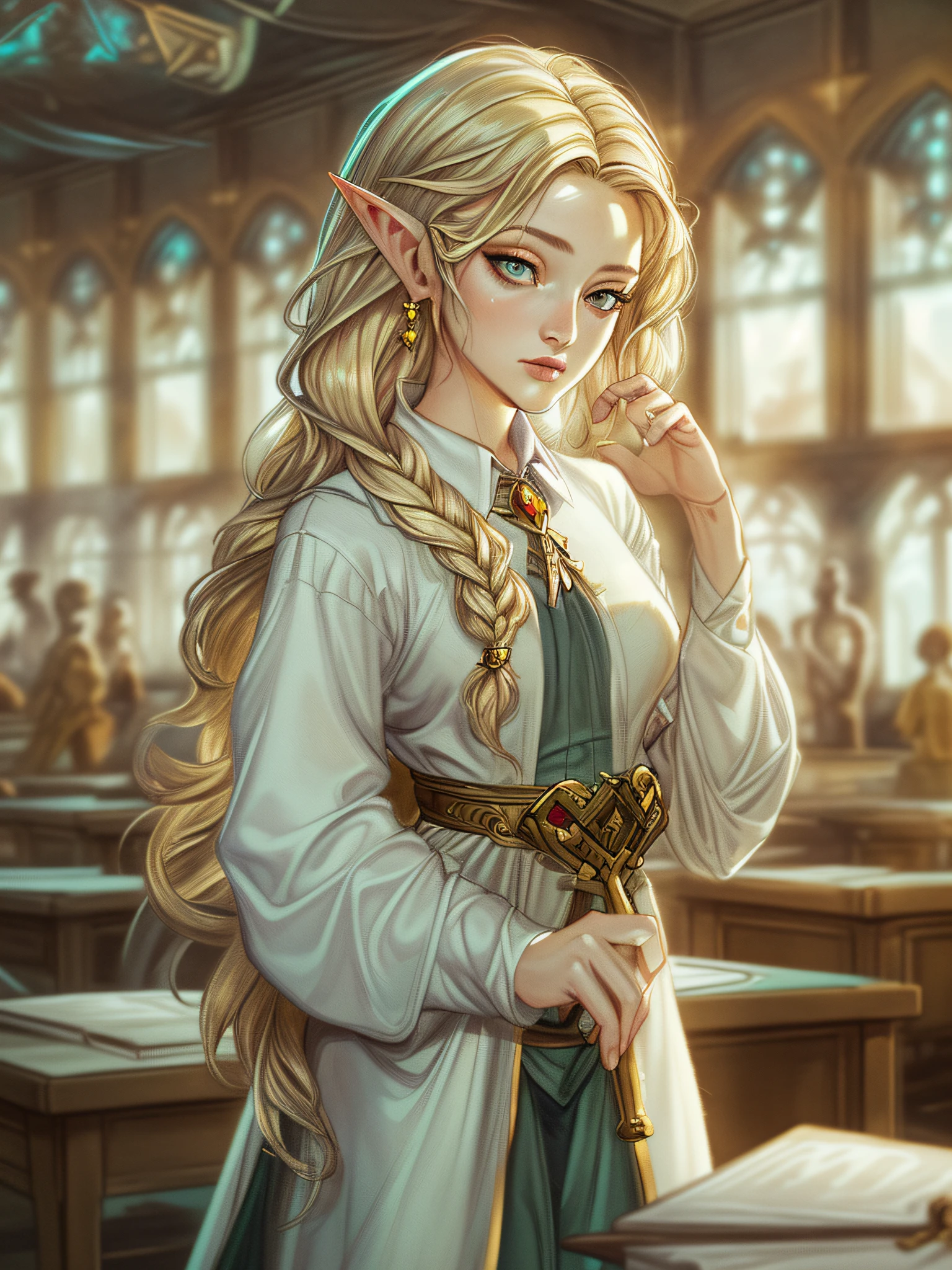 high details, best quality, 16k, [ultra detailed], masterpiece, best quality, (extremely detailed), ultra wide shot, photorealistic, a picture of an elf magical teacher (best details, Masterpiece, best quality: 1.5), teaching magical arts, manipulating red fire at fantasy classroom, a female elf, exquisite beauty (best details, Masterpiece, best quality: 1.5), ultra feminine (best details, Masterpiece, best quality: 1.5), full body (best details, Masterpiece, best quality: 1.5) golden hair, hair in a long braid, small pointed ears, dynamic eyes color, wearing a teachers robe, standing in the classroom (best details, Masterpiece, best quality: 1.5), fantasy class background, best realistic, best details, best quality, 16k, [ultra detailed], masterpiece, best quality, (extremely detailed), ultra wide shot, photorealism, room is lit with bright light, depth of field,