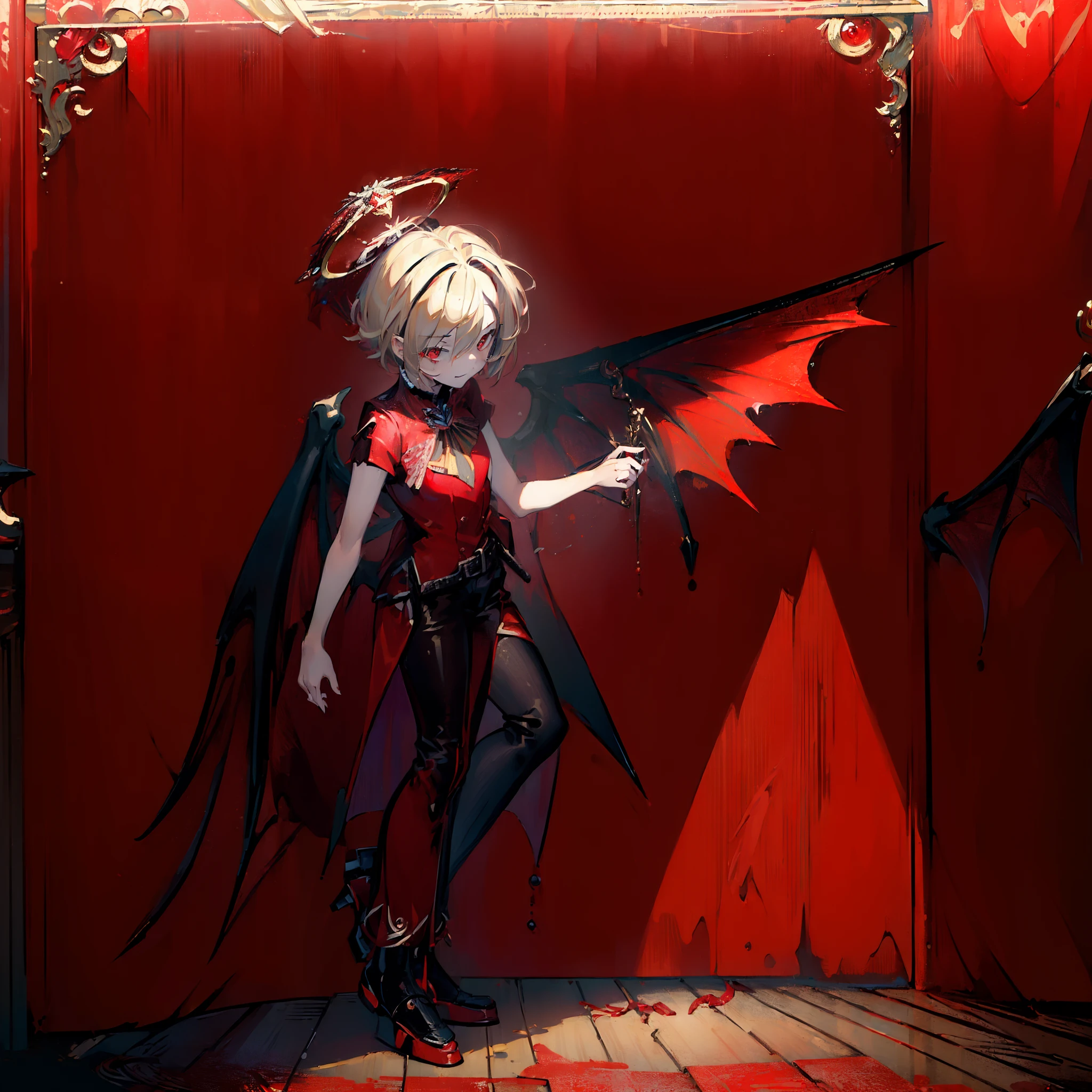 (masterpiece:2.0), (bestquality), highlydetailed, ultra-detailed, blondehair, 1girl,(short hair), (red eyes), mysterious, (vampire), smirking, shadow on the face, 1other, angel, angel wings, border, halo, red background, red border, red theme, shirt, short sleeves, simple background, solo, standing, red wings