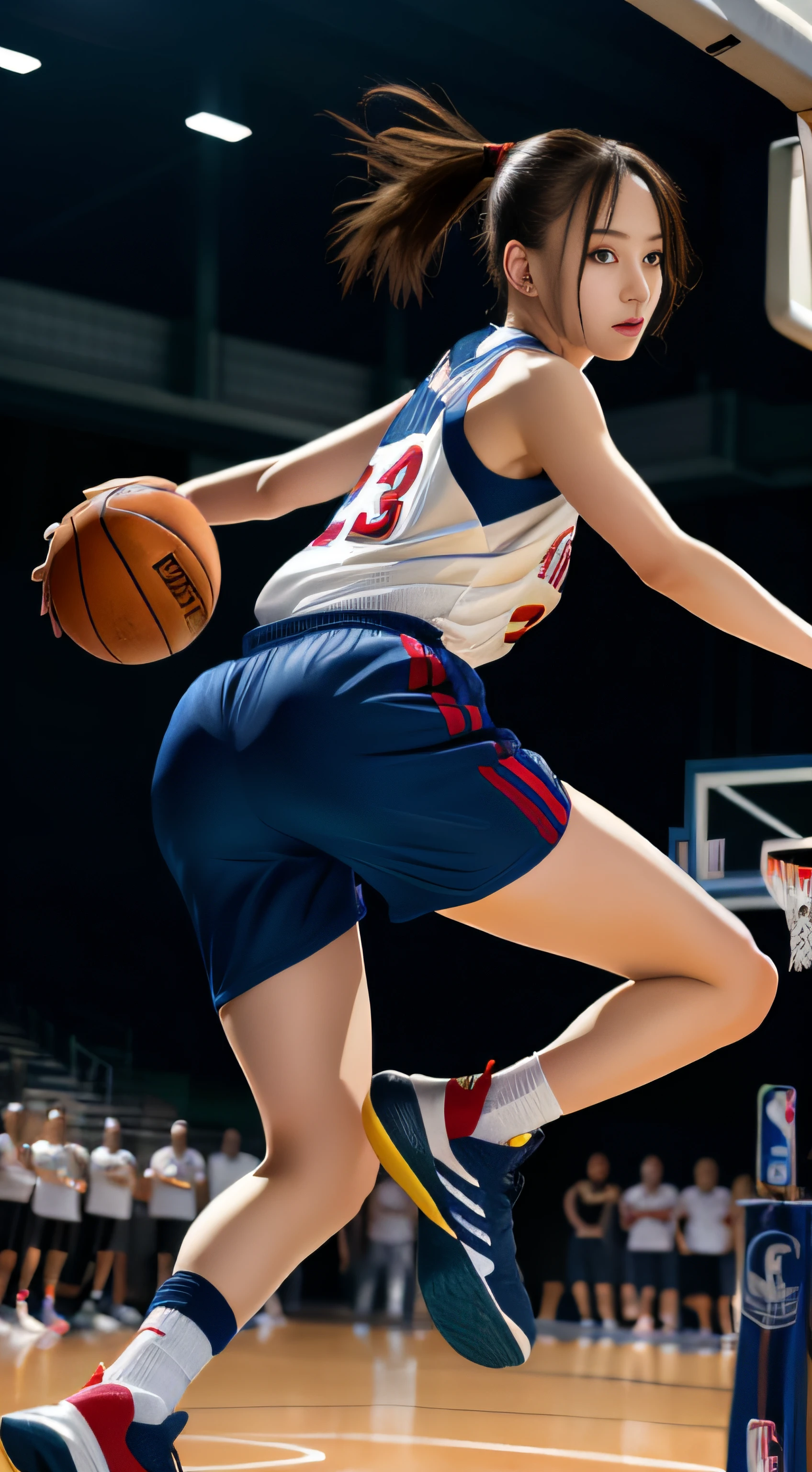 RAW image quality,8K picture quality,Detailed CG image quality,masutepiece,Ultra-detailed,ultra-quality,Simple eyes, Beauty face, Cute face, 1girl in,Basketball player,Basketball Uniform,(Basketball court),slender,Colossal tits,Sweaty skin,(Full body),from behind,(jump:1.3)