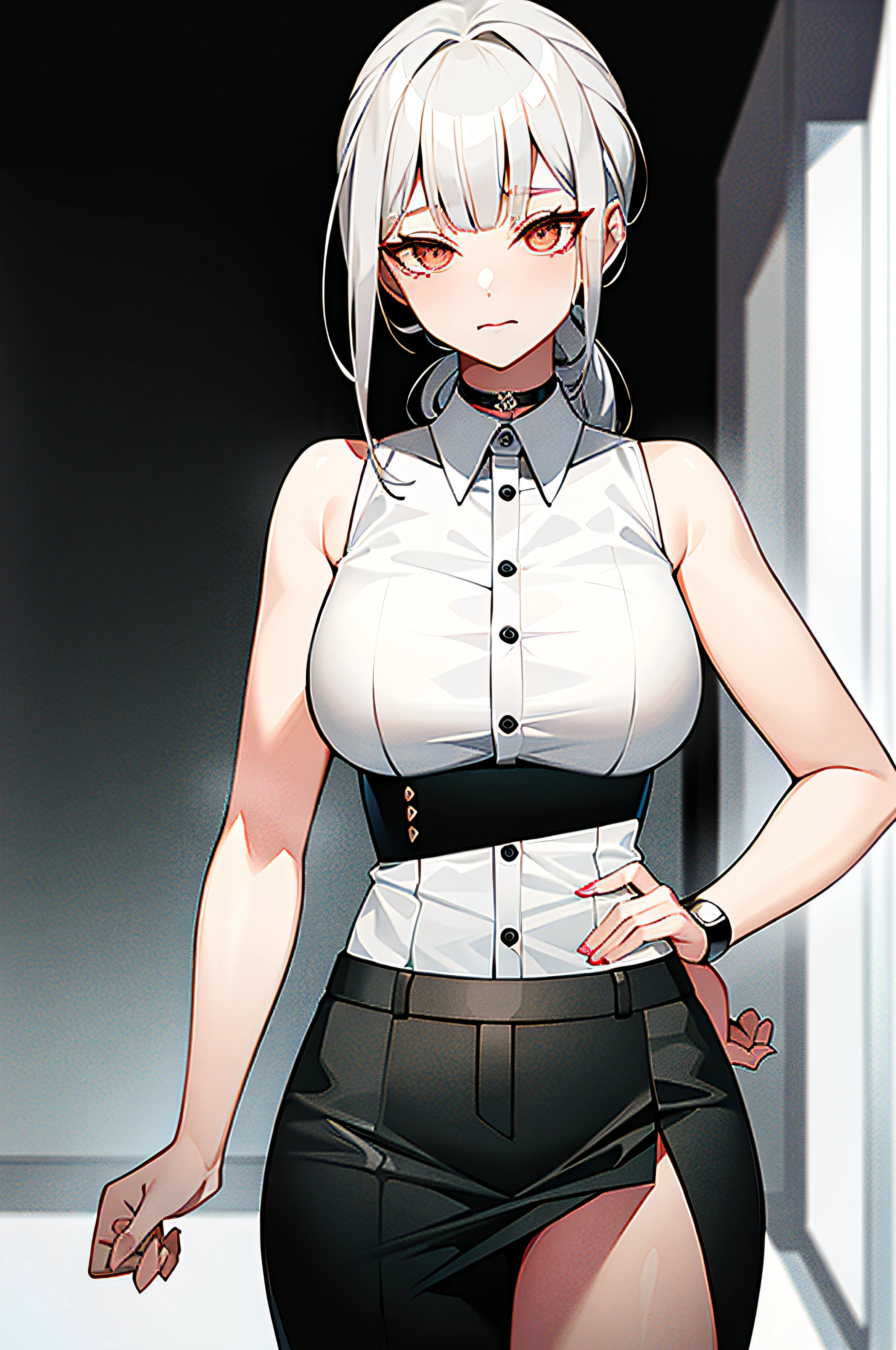 best quality, ultra high res, 1girl, sleeveless white button shirt, black skirt, black choker, cute, (Kpop idol), (aegyo sal:1), (platinum blonde hair:1), ((puffy eyes)), looking at viewer, full body, facing front