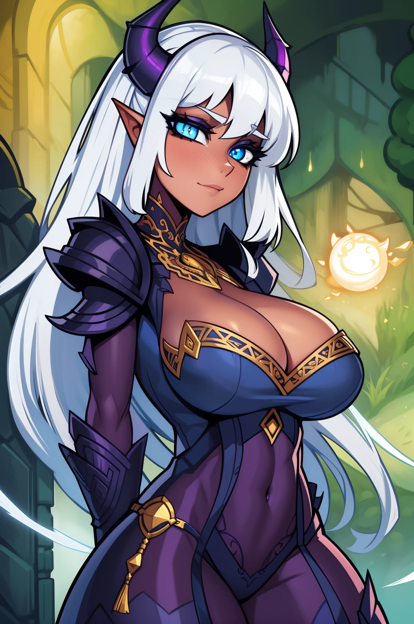 Generate an awe-inspiring fantasy illustration showcasing an exquisitely detailed and lifelike Demon Girl characterized by captivating eyes, a stunningly beautiful face, and intricate skin and massive boobs, (gigantic breasts). Adorn her with enchanting fantasy armor that enhances her allure.