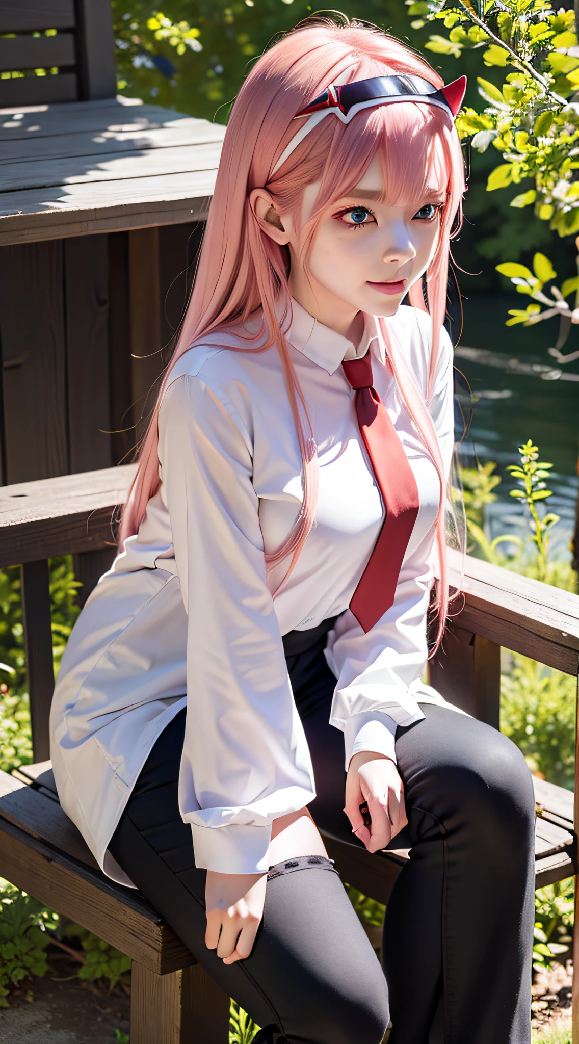 zero two from the anime darling in the franxx, woman, beautiful woman, perfect body, perfect breasts, very beautiful, long hair, pink hair, wearing a red uniform, yellow tie, black pants, white shoes, blue eyes, red spots wearing a headband red-horned, smiling, looking at the audience, standing, realism, masterpiece, textured leather, super detailed, high detail, high quality, best quality, 1080p, 16k