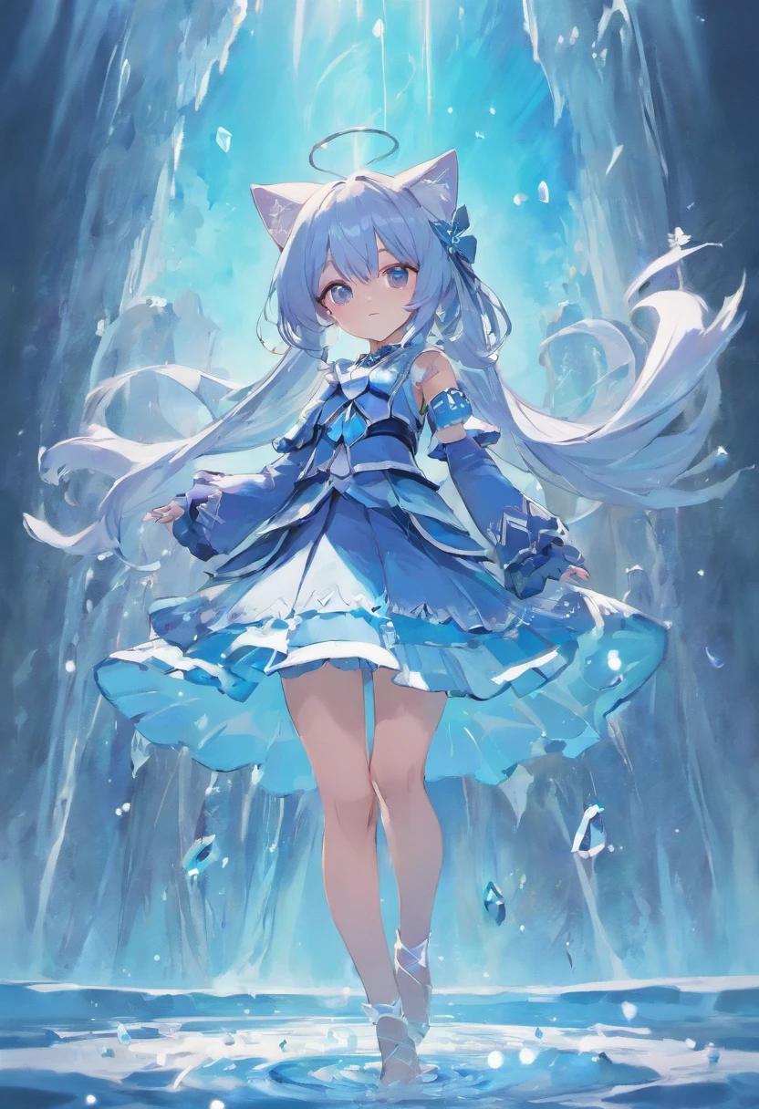 Anime characters standing in the water in blue and white costumes, ice sorceress, Ice Mage, trending on artstation pixiv, Ice crystal armor, Splash art anime Loli, Official anime artwork, full portrait of elementalist, Anime goddess, white-haired god, wallpaper anime blue water, Beautiful celestial mage, Ayaka Genshin impact, Sirno cat ears，Full body photography，The barefoot，Exquisitehands，perfect foot，long and flowing hair，detailed long hair，Perfect picture，，Ice crystal geometry，Blue and white JK school uniform pleated skirt，Feet on the ice，Narrow sleeves。