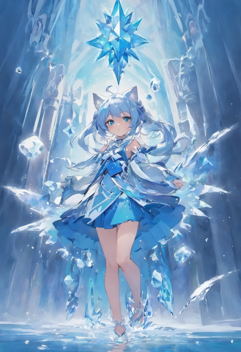 Anime characters standing in the water in blue and white costumes, ice sorceress, Ice Mage, trending on artstation pixiv, Ice crystal armor, Splash art anime Loli, Official anime artwork, full portrait of elementalist, Anime goddess, white-haired god, wallpaper anime blue water, Beautiful celestial mage, Ayaka Genshin impact, Sirno cat ears，Full body photography，The barefoot，Exquisitehands，perfect foot，long and flowing hair，detailed long hair，Perfect picture，，Ice crystal geometry，Blue and white JK school uniform pleated skirt，Feet on the ice，Narrow sleeves。