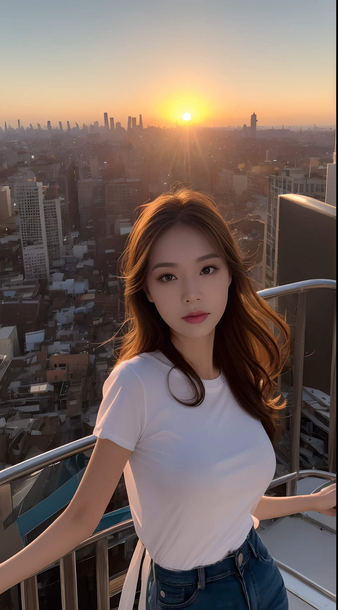 ((Midnight, Best quality, 8k, Masterpiece :1.3)), Whole body, Long legs, Sharp focus :1.2, A pretty woman with perfect figure :1.4, Slender abs :1.1, ((Dark brown hair, Big breasts :1.2)), (White tight tshirt, Jean bib, Standing:1.2), ((sunset city view, Rooftop:1.3)), Highly detailed face and skin texture, Detailed eyes, Double eyelid backlighted