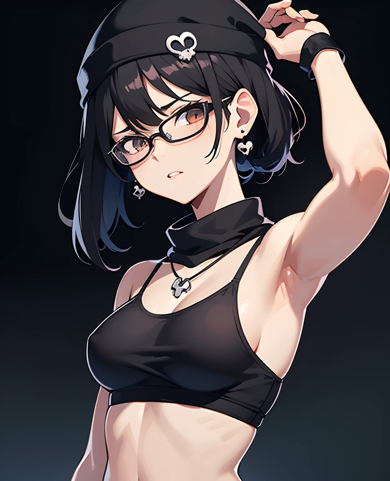 teenage, anime girl, glasses, black hair,bangs, underwears, short hair, skull earrings, black skull beanie, open clothes, ponytail, medium layer hair, large breasts, high quality, armpits, looking at viewer, black background, heart necklace, medium shot