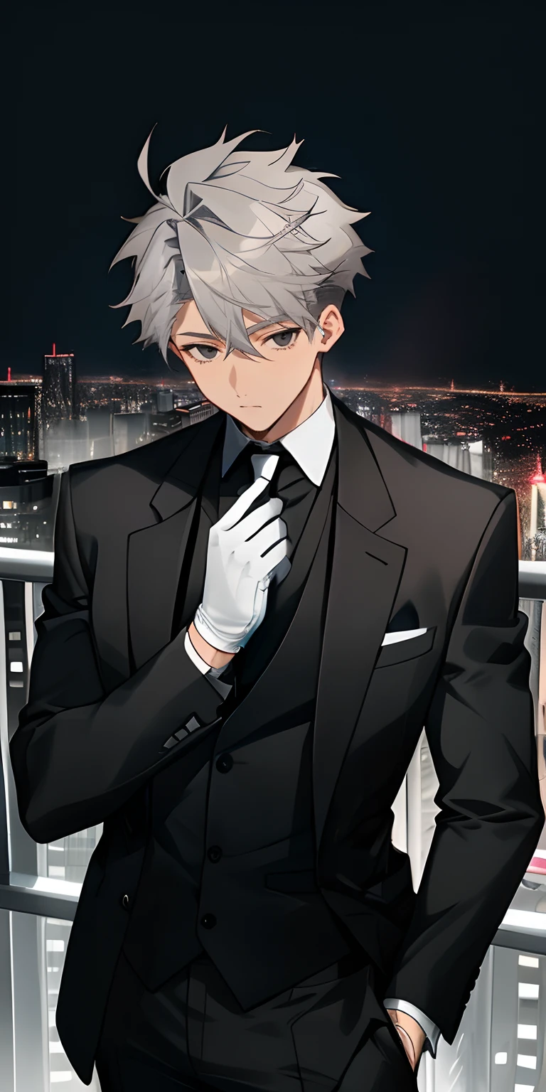 1male, adult black eyes, medium grey hair, city , modern undercut hair , messy hair, black suit and tie , white gloves