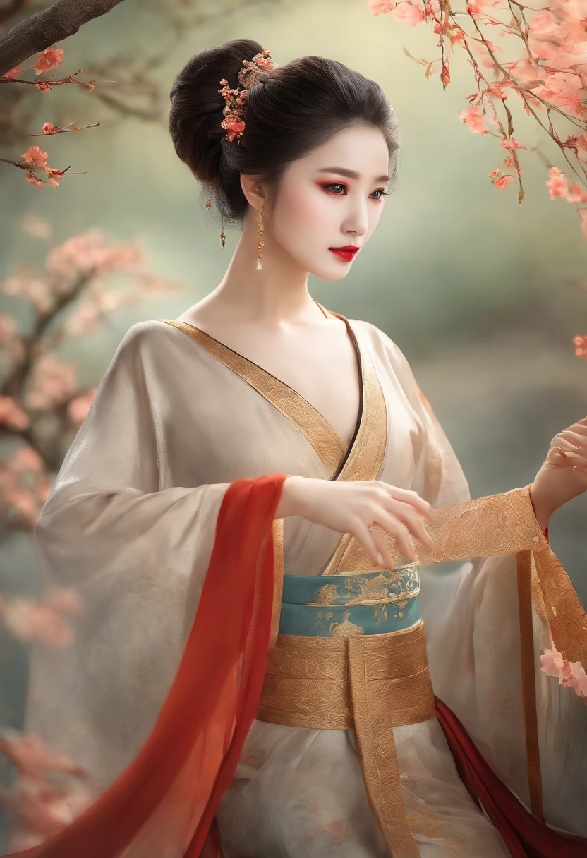 A beautiful dancer in ancient China,delicate lines,gorgeous costumes in ancient China,delicate and vivid,shy face,willow leaf eyebrows,personality depiction,coiled hair,gold leaf,flowing clouds,watercolor,crane surrounding,ink painting,gentle eyes,meticulous, color scheme,exquisite clothing patterns,by Gu, Kaizhi,Zhang Xuan,professional color grading,realistic style,soft shadows,clean and sharp focus,Flim photography,Panoramic View,32K --v 6