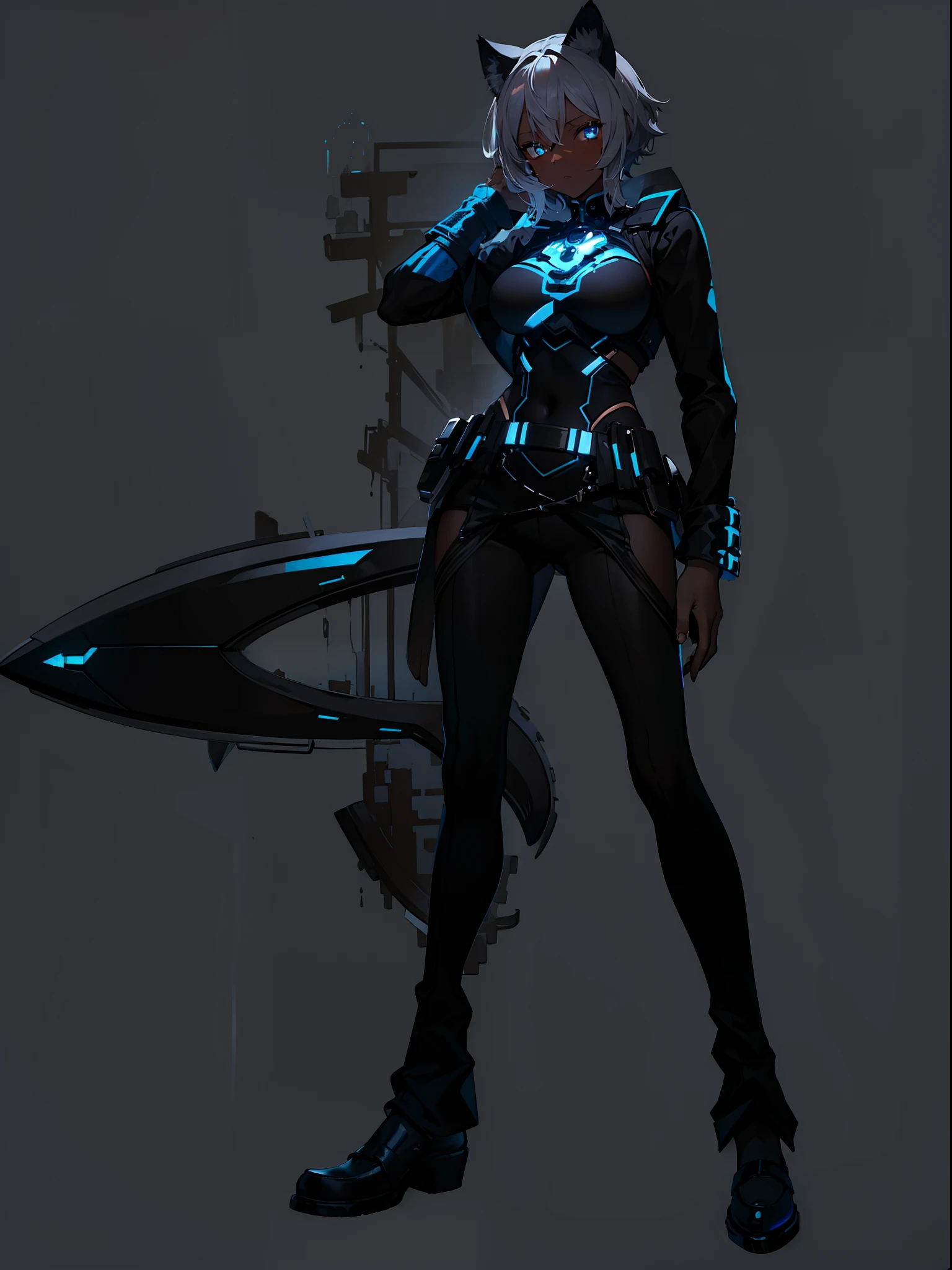 (masterpiece:1.5) (bestquality) highlydetailed, (dark skin) (brown skin) huge breasts, (short hair) (three-sevenths hairdo) (white hair) {brown eyes:blue eyes:0.8}, (cat ears) shy,glowing, grey background, simple background, solo