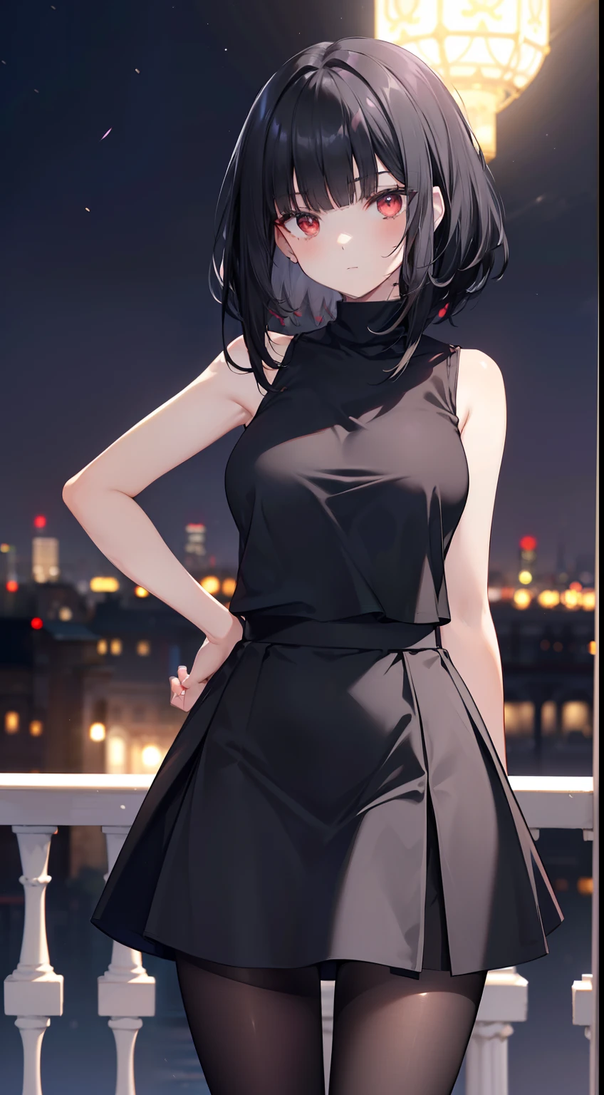 limited palette), best quality, (((masterpiece))), (((beautiful detailed skin))), solo, girl, (((black hair))), (red eyes), (mascara), blunt bangs, long hair, (medium breasts), noble, loyal, (((eye focus))), blurry background, serious eyes, palace balcony background, (((looking at viewer))), (((night))), upright body, (((head straight))), standing straight, standing with good posture and a direct look at the viewers, (Middle side), (hair black), (((Blunt bangs))), ((Black hair)), Front body Posture, (((Front of body))), (((Good Posture Front Body))), ((Black A-line skirt)), ((Pantyhose stocking)), (((Middle front body))), view pantyhose stocking, straight view, (((Black A-line skirt:1.1))), froward body, (((Straight posture:1.1))), (((Middle position:1.1))), The ends of the hair are neatly cut, ((sleeveless t-shirts)), ((plain black t shirt)), (tent black skirt), (Turtleneck), ((Middle standing:1.1)), (Wolf cut hair women),