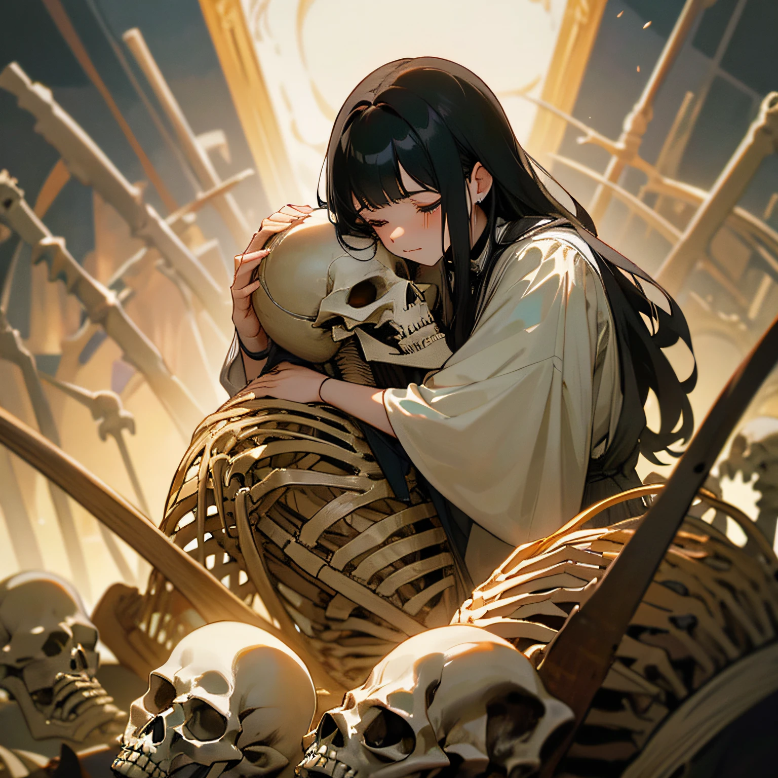 A dark-haired、Light of the Soul、Traditional costumes、Warlock、Calms the soul、tears、Hugging a skeleton、Complex emotions、regret、doa