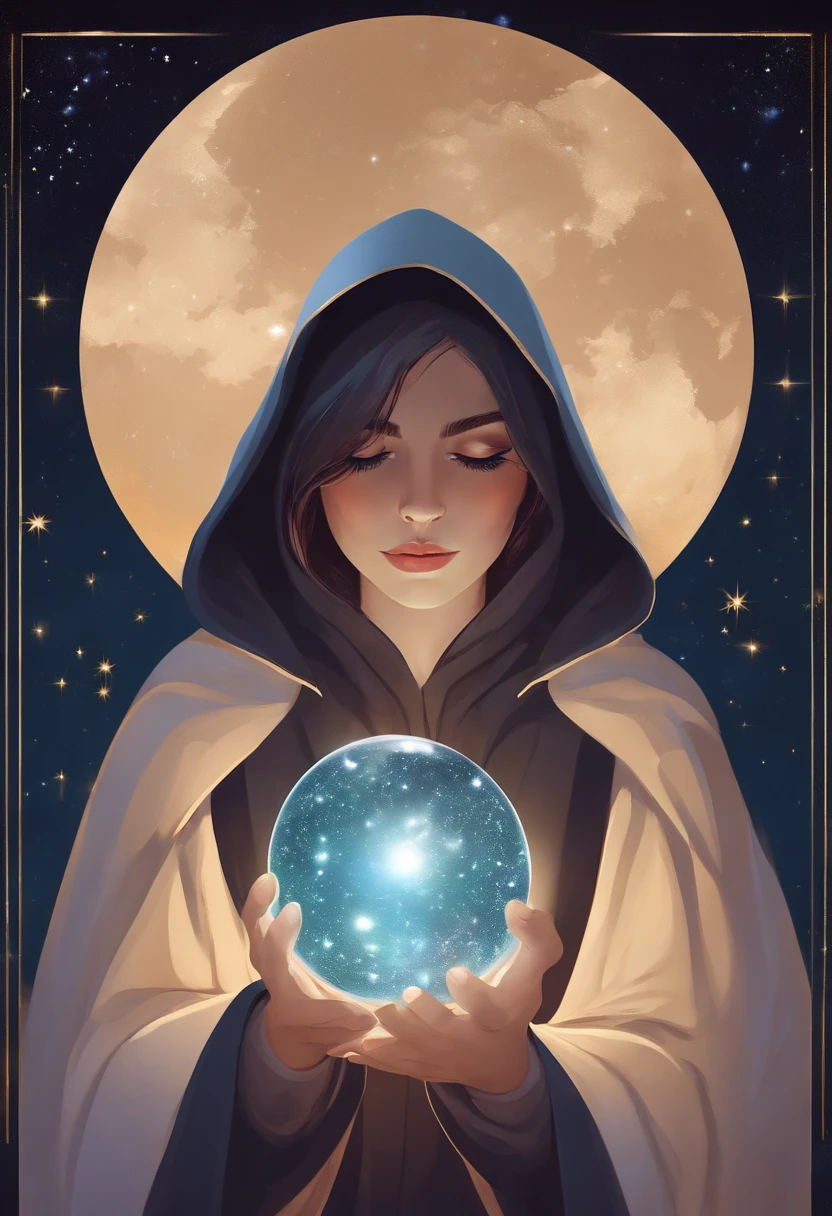 (best quality,highres),holding a round crystal ball in hand,stars constellation written inside the crystal ball,wearing a cloak with a hidden face,mysterious background