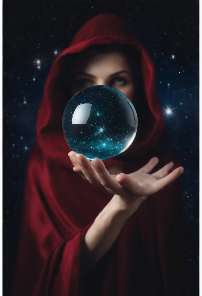 (best quality,highres),holding a round crystal ball in hand,stars constellation written inside the crystal ball,wearing a cloak with a hidden face,mysterious background