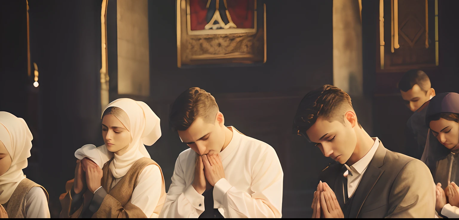 Several people are praying in a church with a priest, praying, kneeling in prayer, doing a prayer, Trump rezando em mesquita, vestes religiosas, religioso, praying posture, fim ainda, usando panos brancos, vestindo vestes brancas, Shutterstock, islamic, orar meditando, imagens religiosas, foto de retrato, mourning family, usando vestes e gravatas