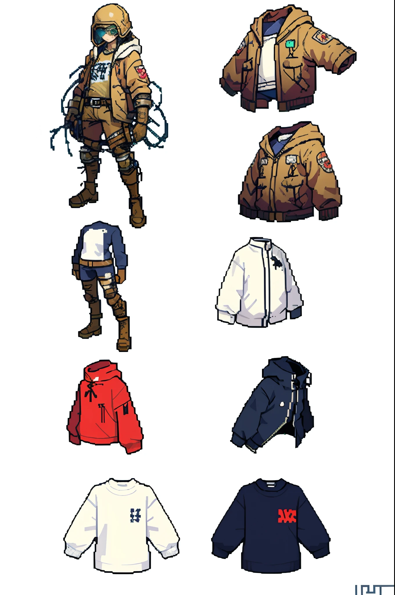 (tmasterpiece, hiquality, beste-Qualit), pixel,((((The clothes)))) , Clothing only , (((whitebackground))), ((( Clothes from the post-apocalyptic world of the wasteland)))), (Close-ups of clothes), ((The clothes)), Clothing Concepts