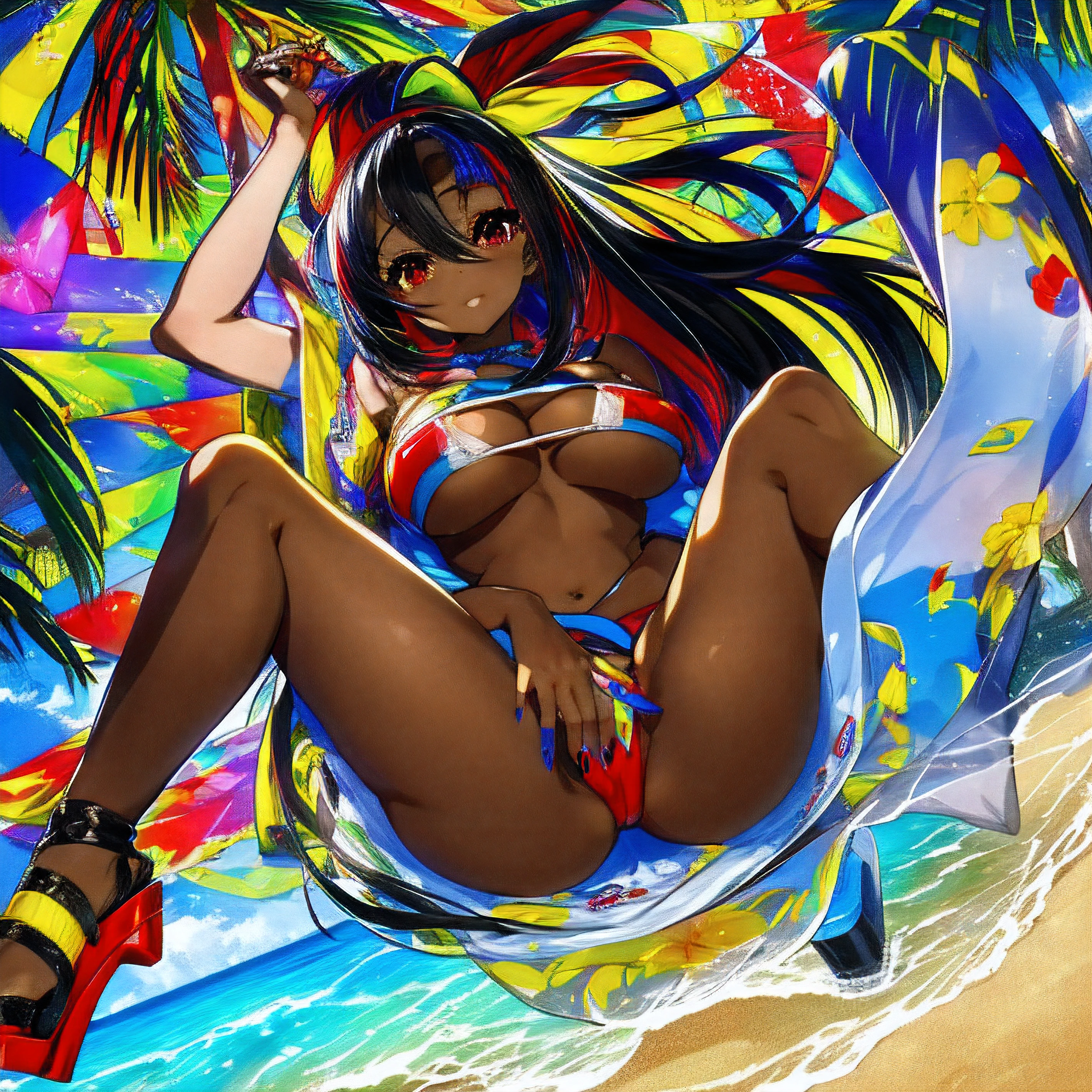 anime - 1 girl - dark skin - best quality - 10k - Hour glass figure - D cup sized breasts - red eyes with tints of yellow - long black hair - beach - seductive pose - silky smooth skin - pedicure with bright colored nail polish - manicure with bright colored nail polish - platform high heel flip flops - showing her bare breasts & nipples