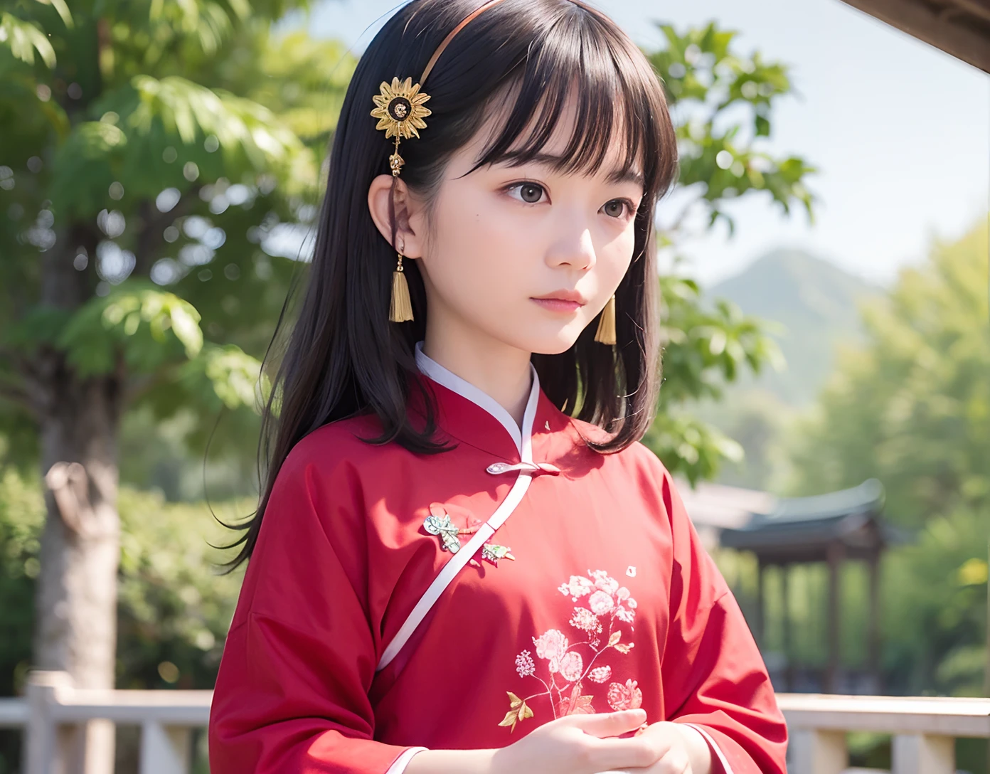 Chinese woman in period costume poses for group photo, Long-sleeved costume, change, ,Insert a hairpin into coiled hair, Clothes are fluttering,Side Full Body Fairy, , Standing on a small bridge, His melancholy eyes stared into the distance, Wear period costumes,Wearing Earring Bracelet Light Green Han Style Delicate Embroidery,Detailed facial features and ultra-clear image quality,Up to 8K resolution