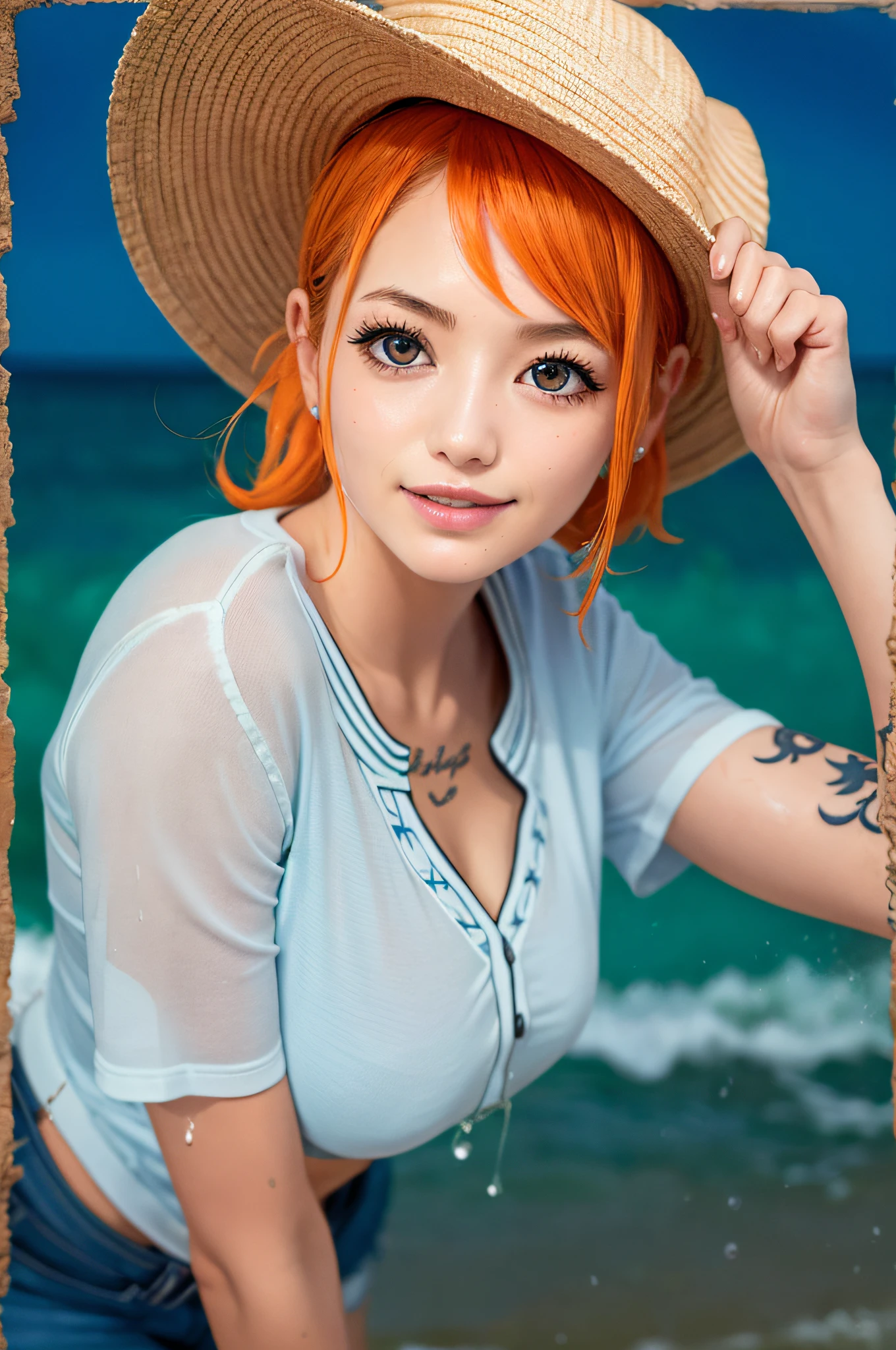 Nami\(one piece\)、orange hair、blue eye、thights、(tattoos:1.2)、Straw hat、white shirts、wet shirt、denim、treasure chest、Shining eyes、wet skin、ssea、a smiling look