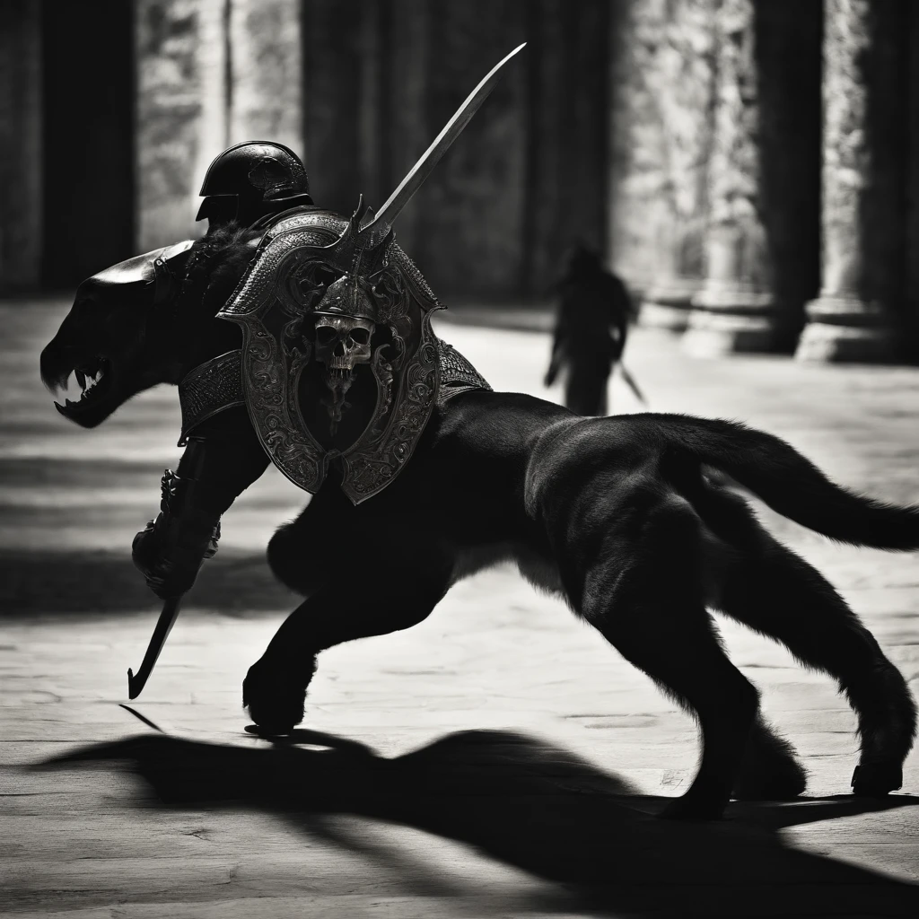 La mejor calidad, Obra maestra, Trabajo negro, Gladiador con casco, Parte superior del cuerpo fuerte y fuerte, Sosteniendo el escudo en la mano, demon armor, salpicaduras de sangre, skulls on the floor, perfil lateral, medieval, dim room, luz corta